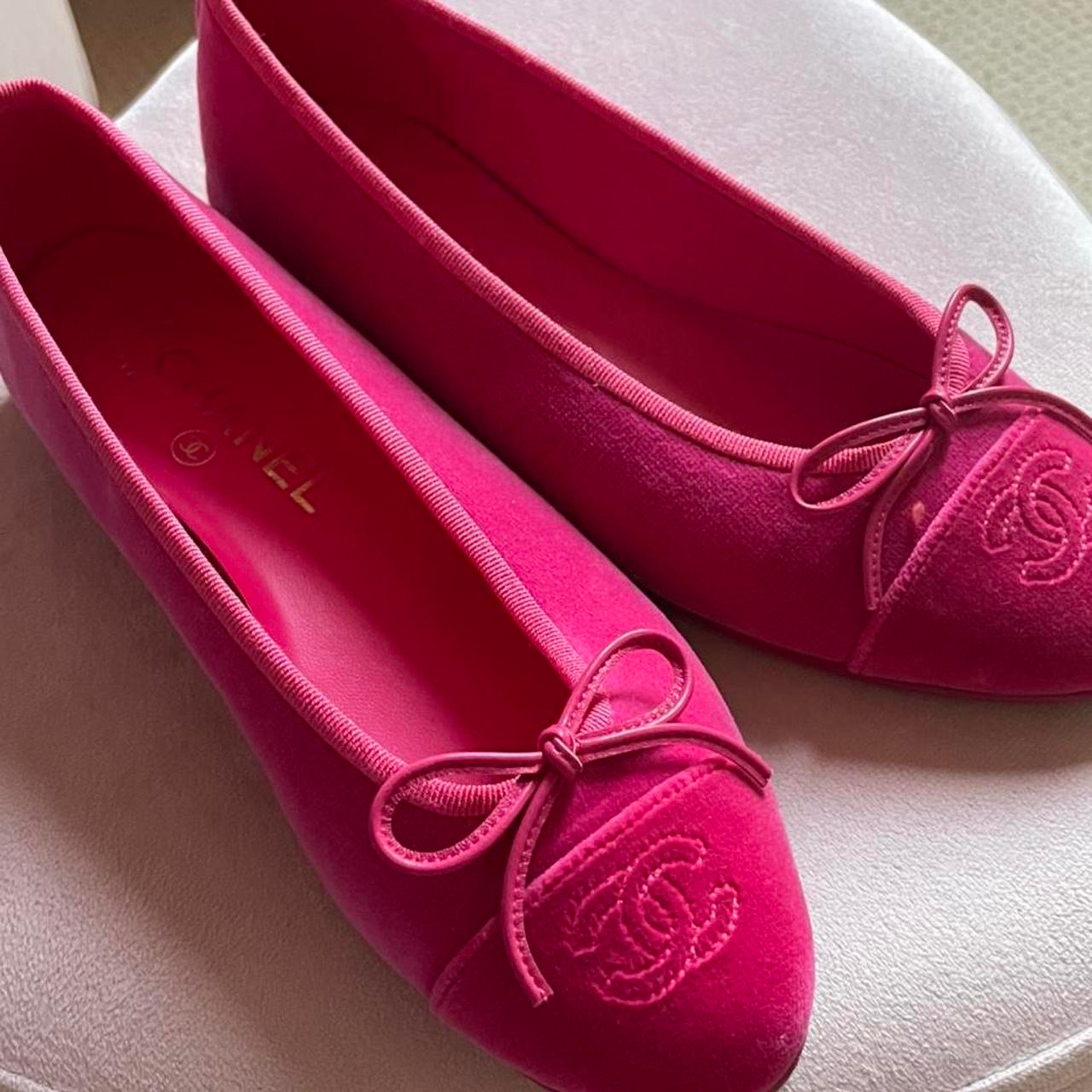 Chanel Hot Pink Suede Flats size US 6. Worn once,... - Depop