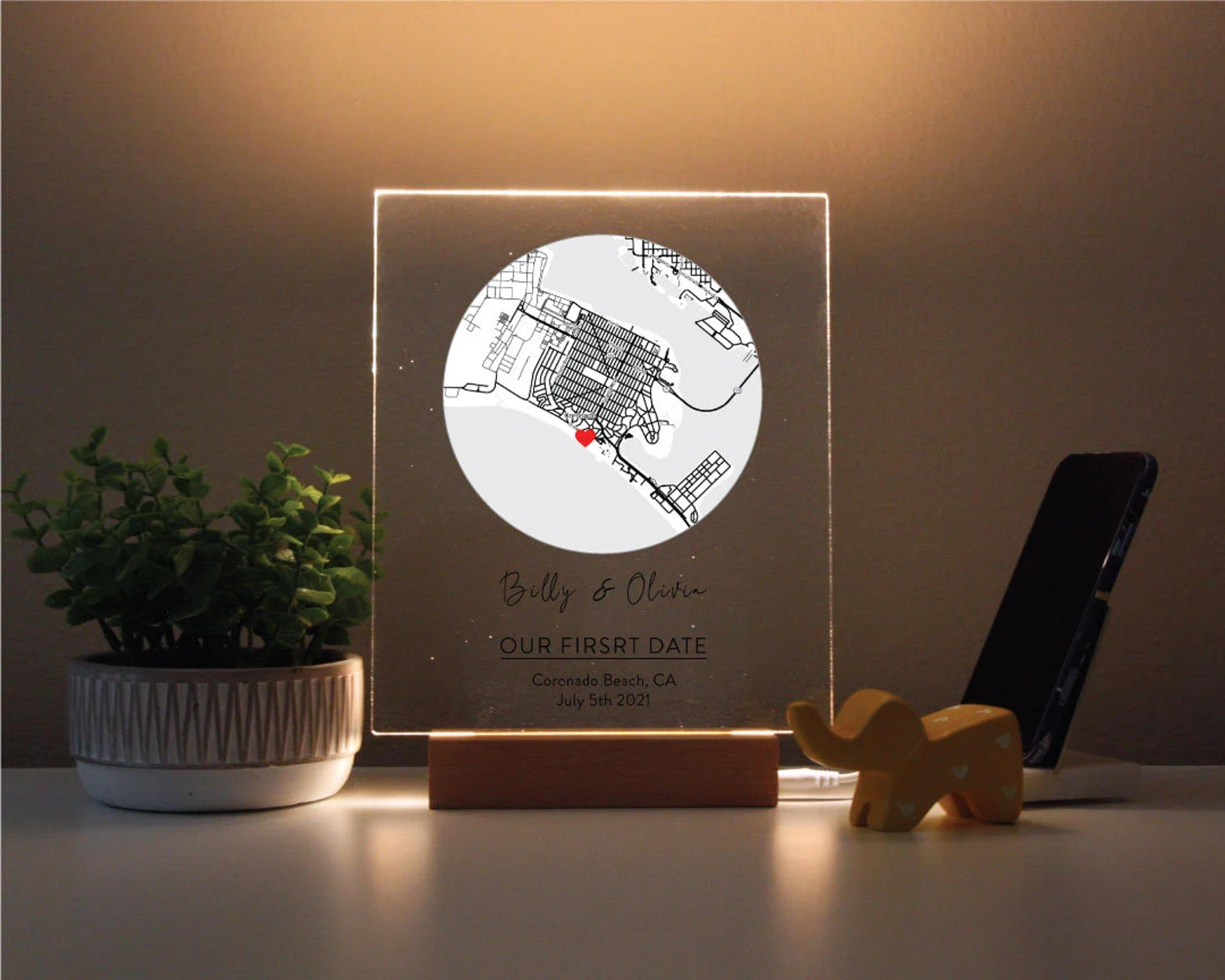 Light up Custom Map Plaque Our First Date First Kiss - Etsy