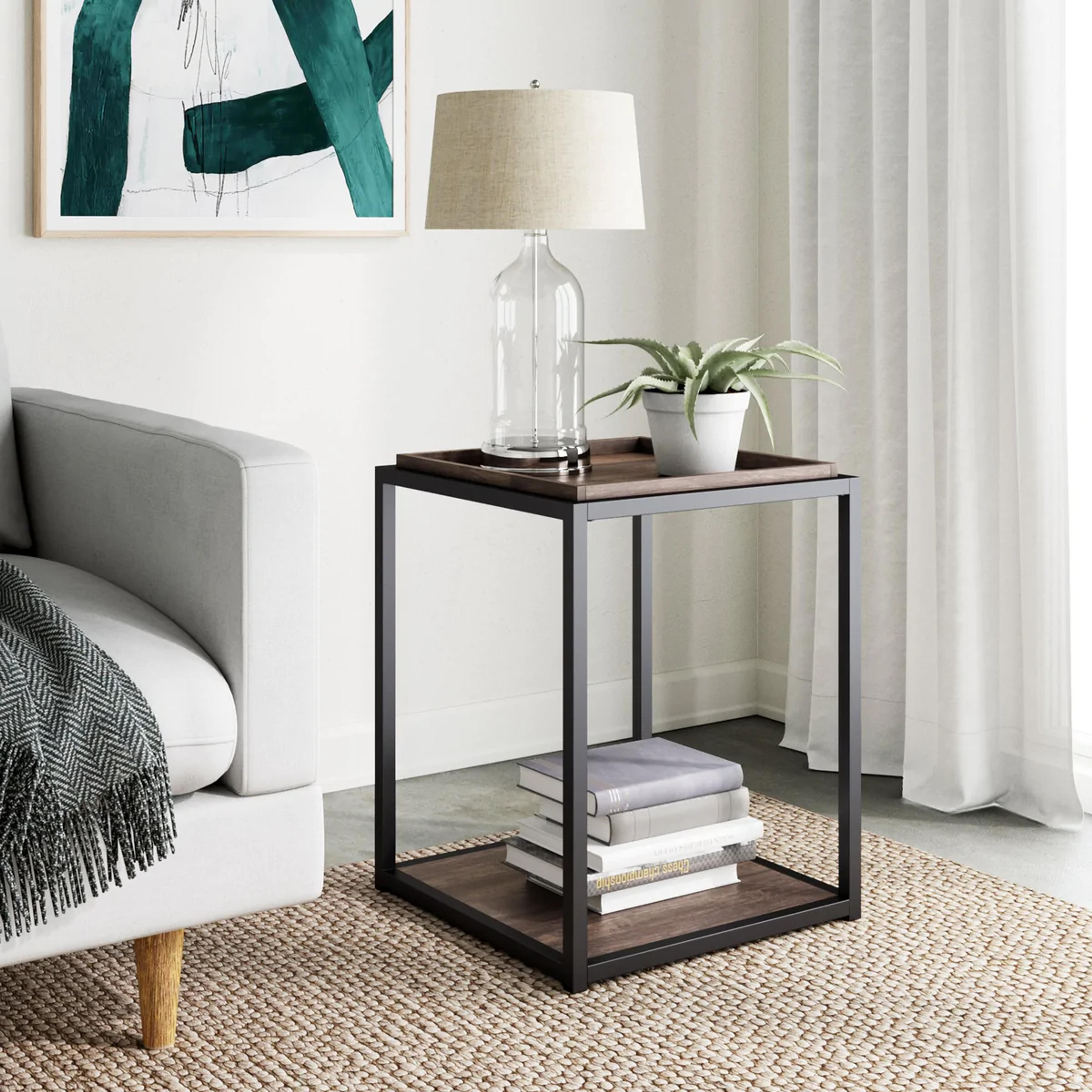 Nathan James Nash Black Accent End Table or Modern Side Table with Nutmeg Wood Finish Tray Top Shelves & Metal Frame, Matte Black| Nathan James