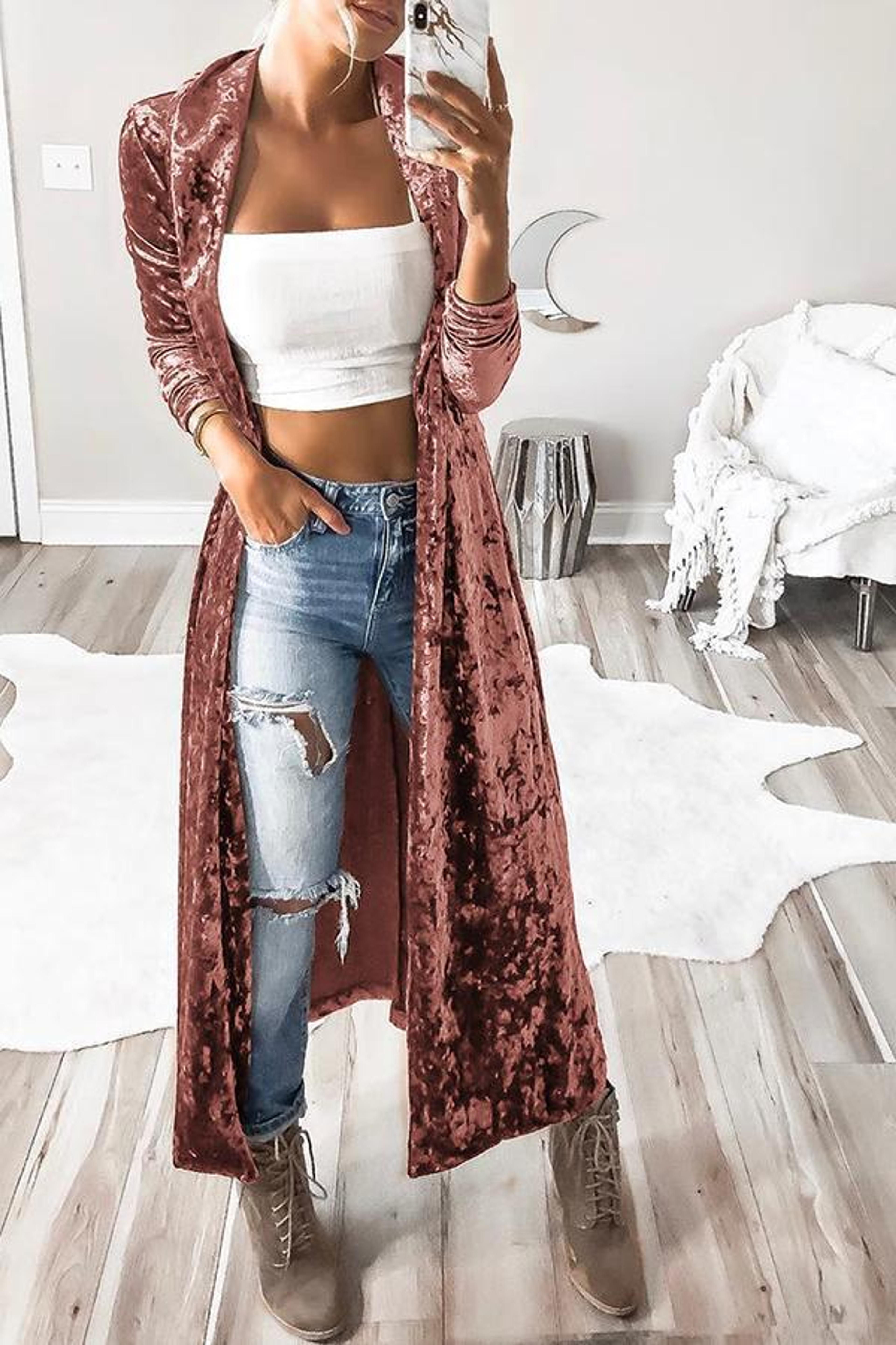 Solid Color Velvet Long Coat - Pink / L