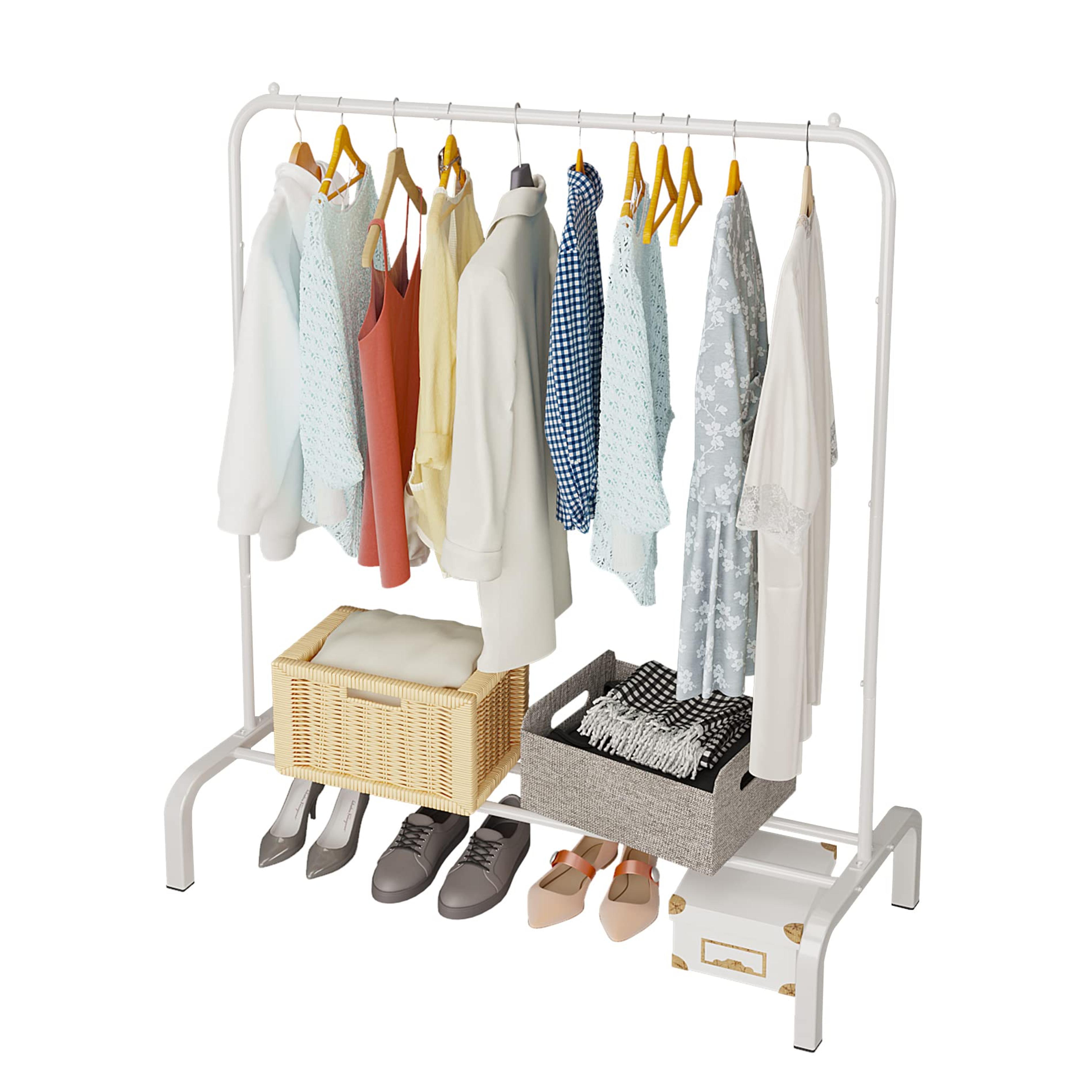 JIUYOTREE Metal Clothing Rack, 43.3 Inches Clothes Garment Coat Rack with Bottom Shelf for Hanging Skirts, Shirts, Sweaters, White