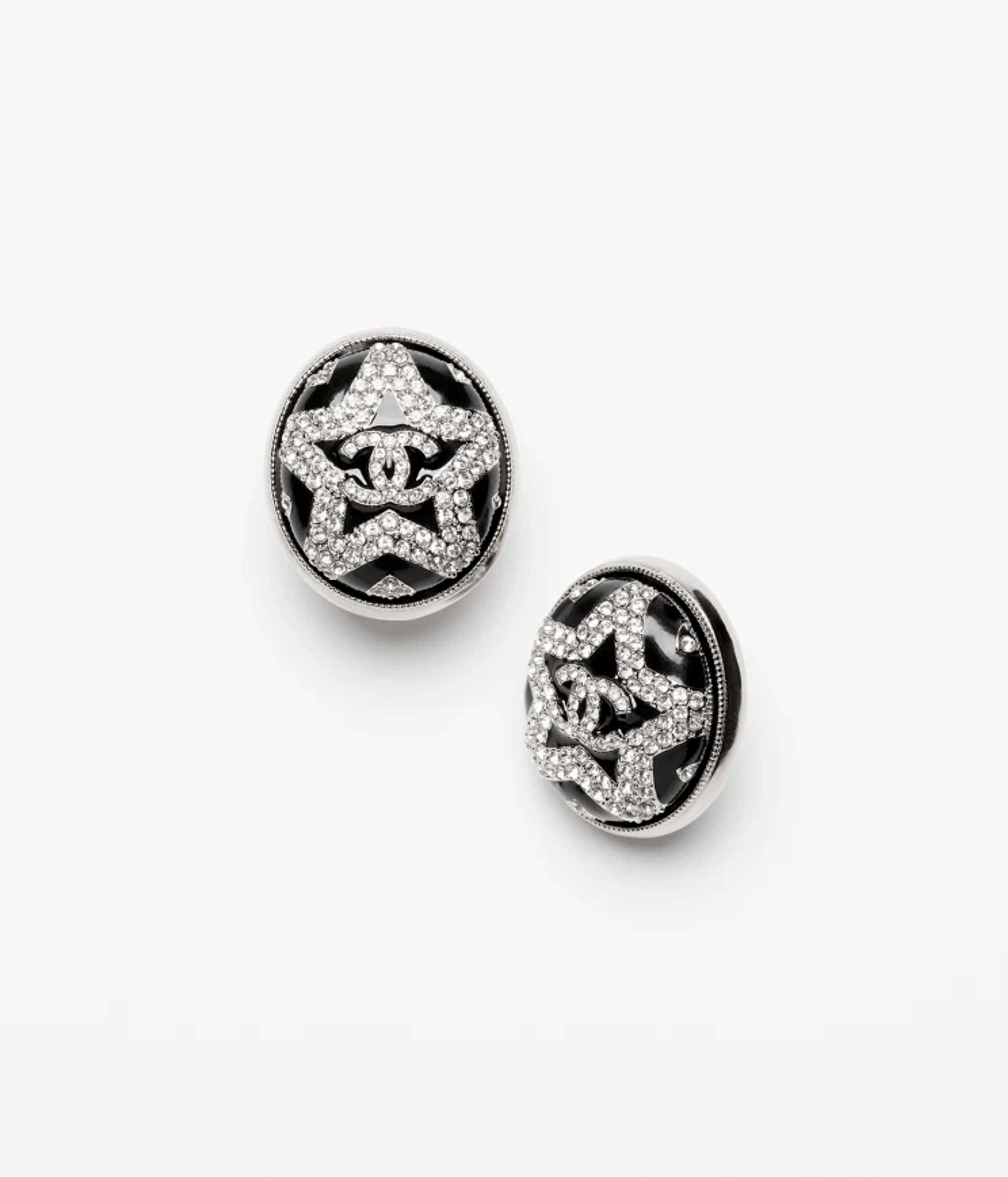 Stud earrings - Metal, resin & strass, silver, black & crystal — Fashion | CHANEL