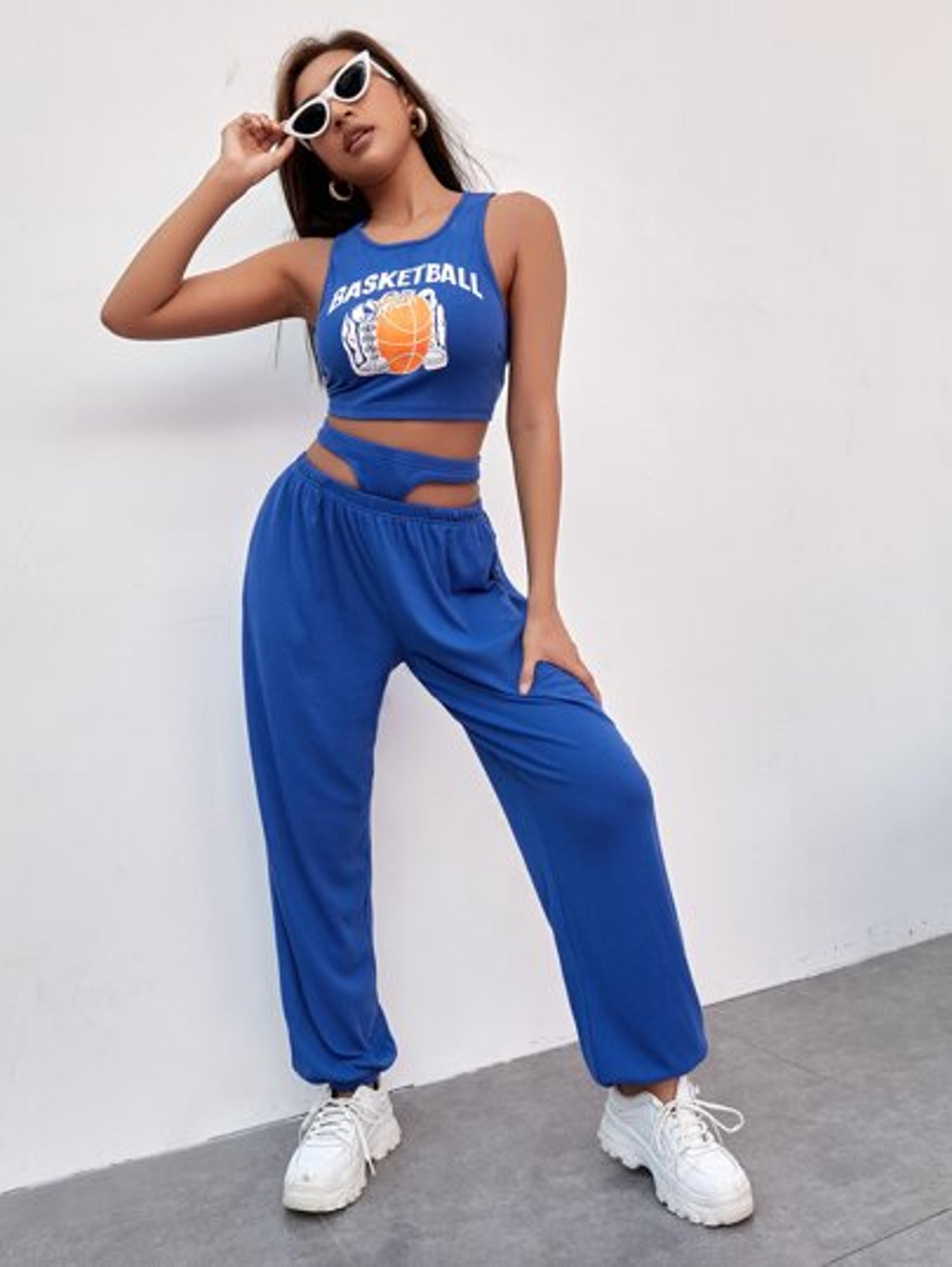 Letter And Basketball Print Crop Tank Top & Cut Out Sweatpants | SHEIN USA