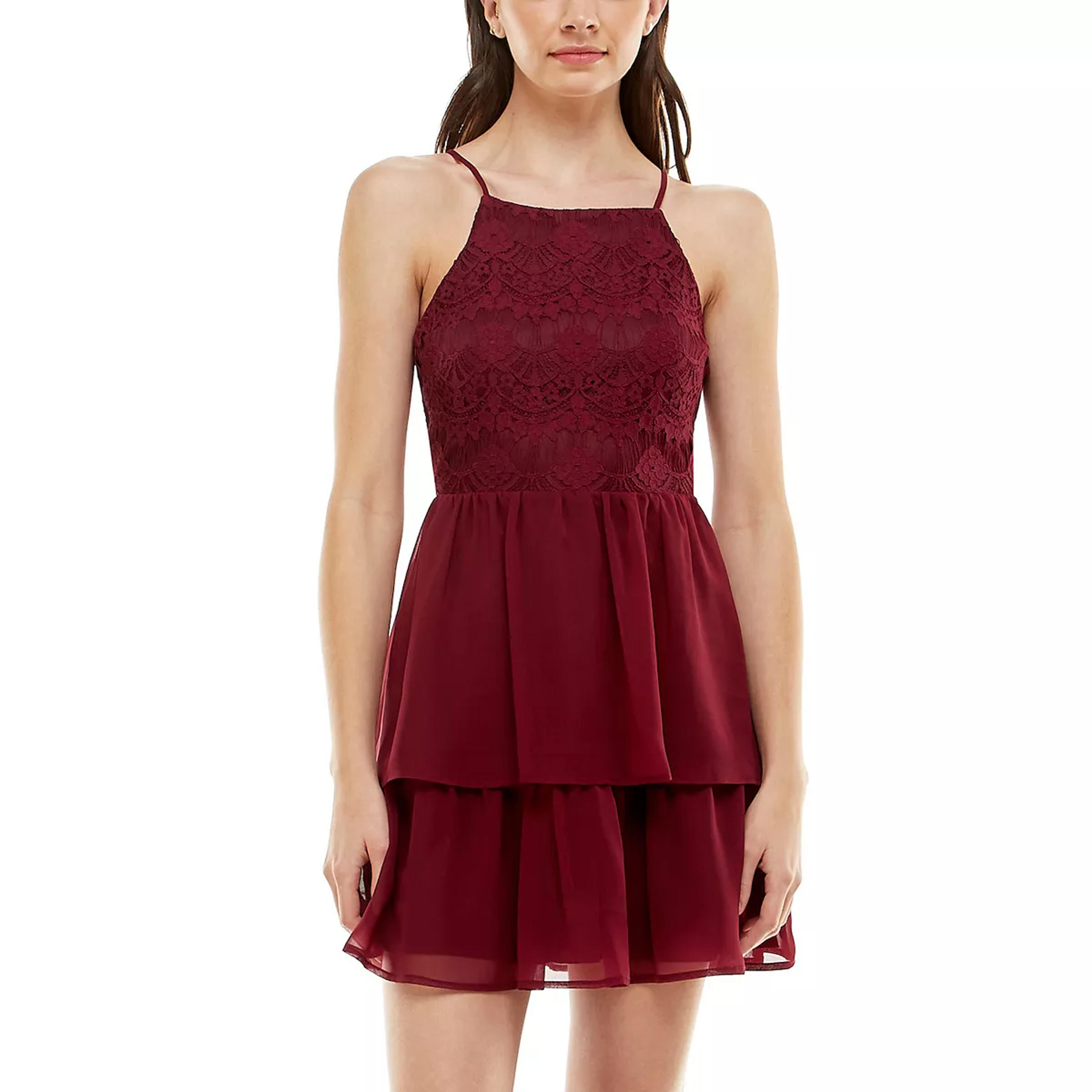 Juniors' Speechless Tiered Laceup Halter Mini Dress