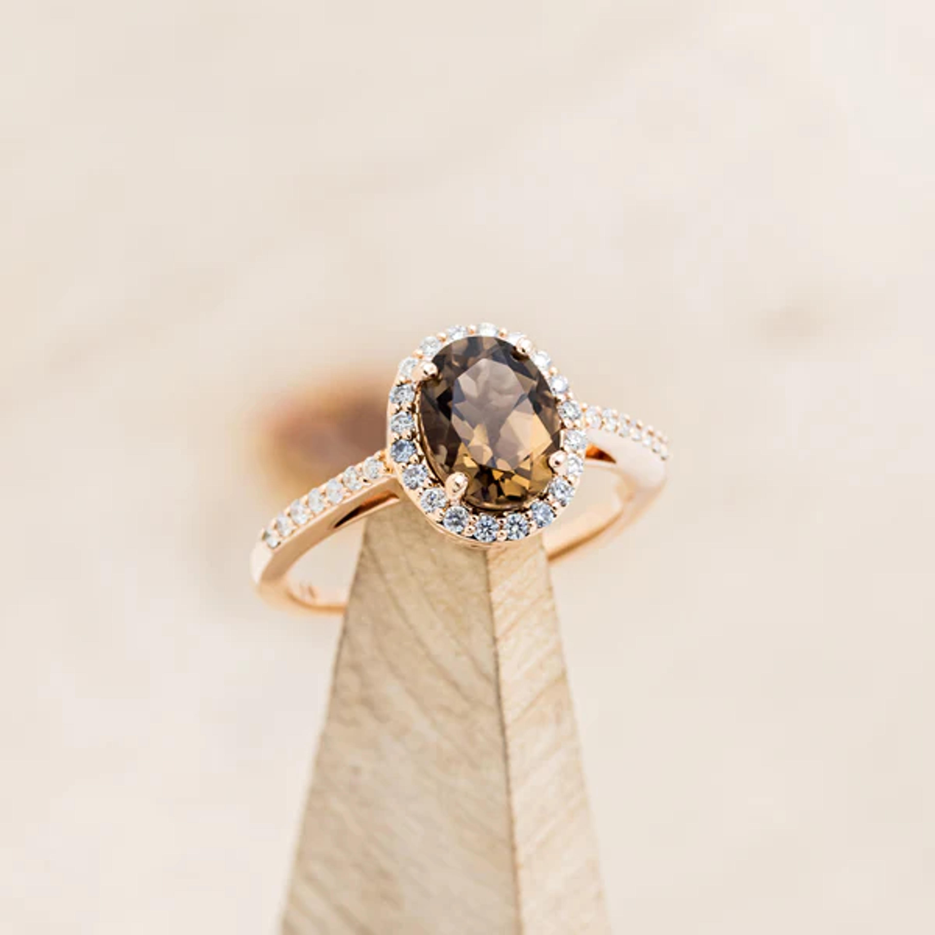 "DIANA" - OVAL SMOKY QUARTZ ENGAGEMENT RING WITH DIAMOND HALO & ACCENTS