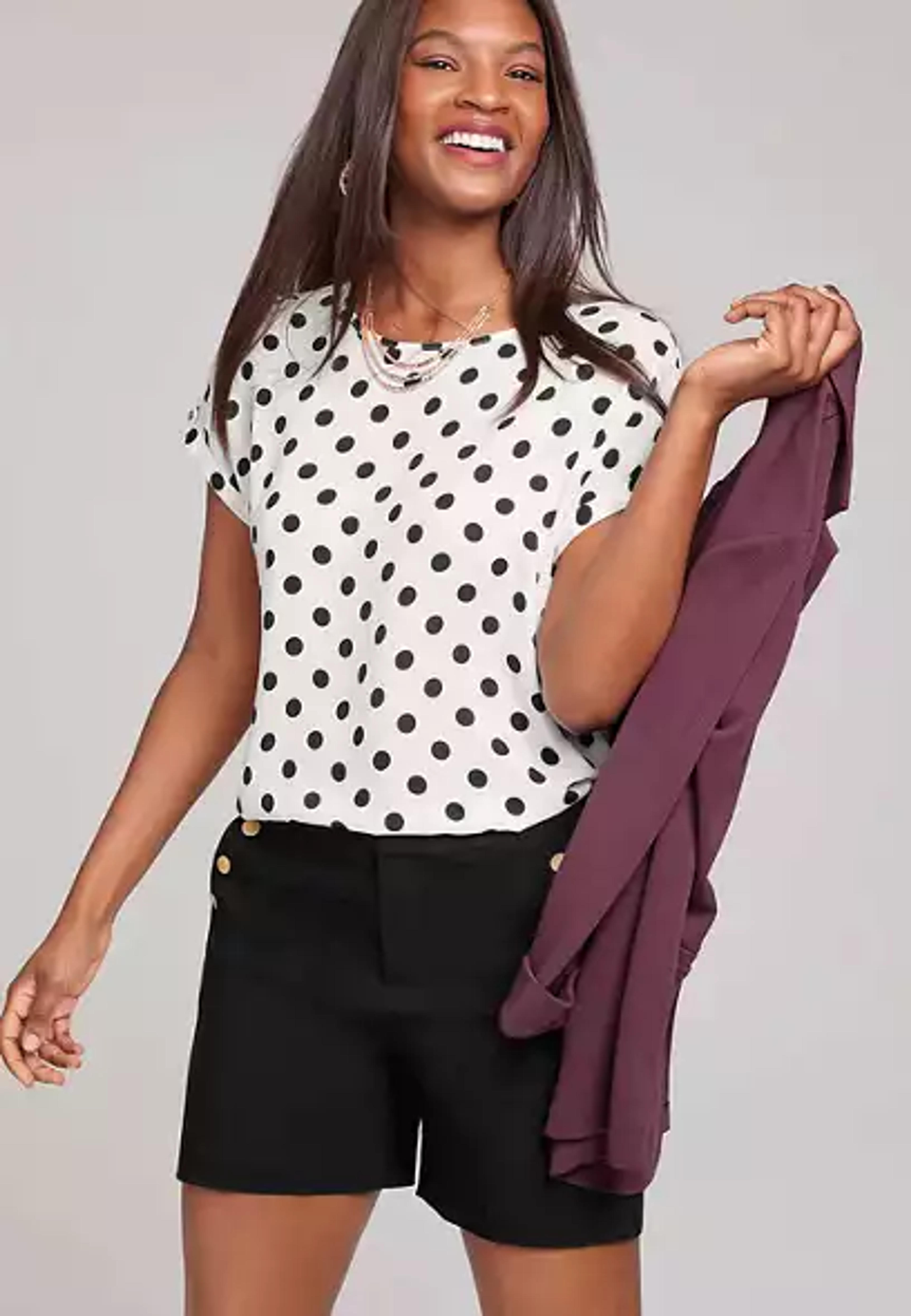 Delton Polka Dot Zipper Back Blouse | maurices