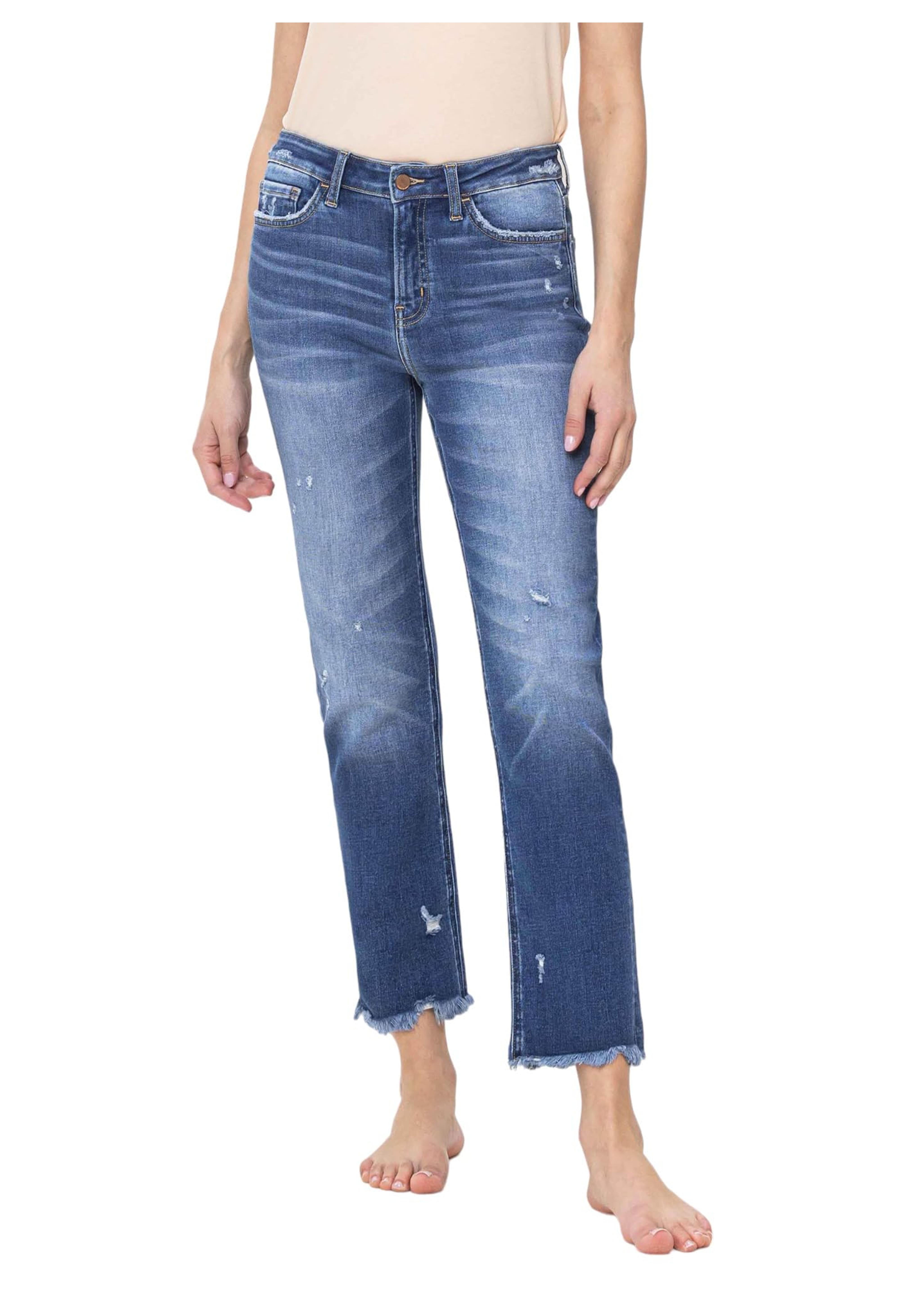Flying Monkey High Rise Raw Hem Slim Straight Jeans Medium Blue F5243-30 at Amazon Women's Jeans store