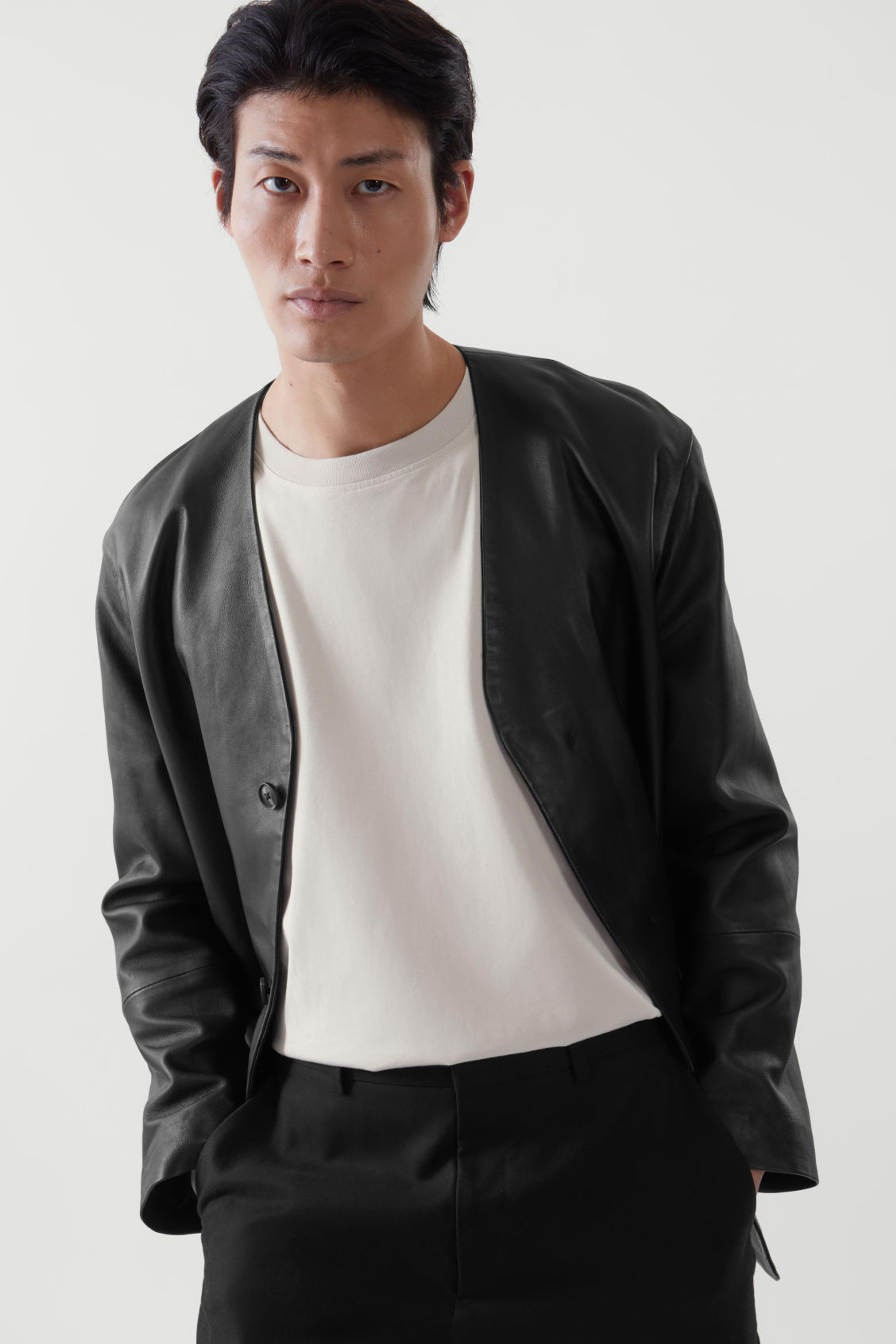 RELAXED-FIT COLLARLESS LEATHER JACKET - BLACK - Coats and Jackets - COS