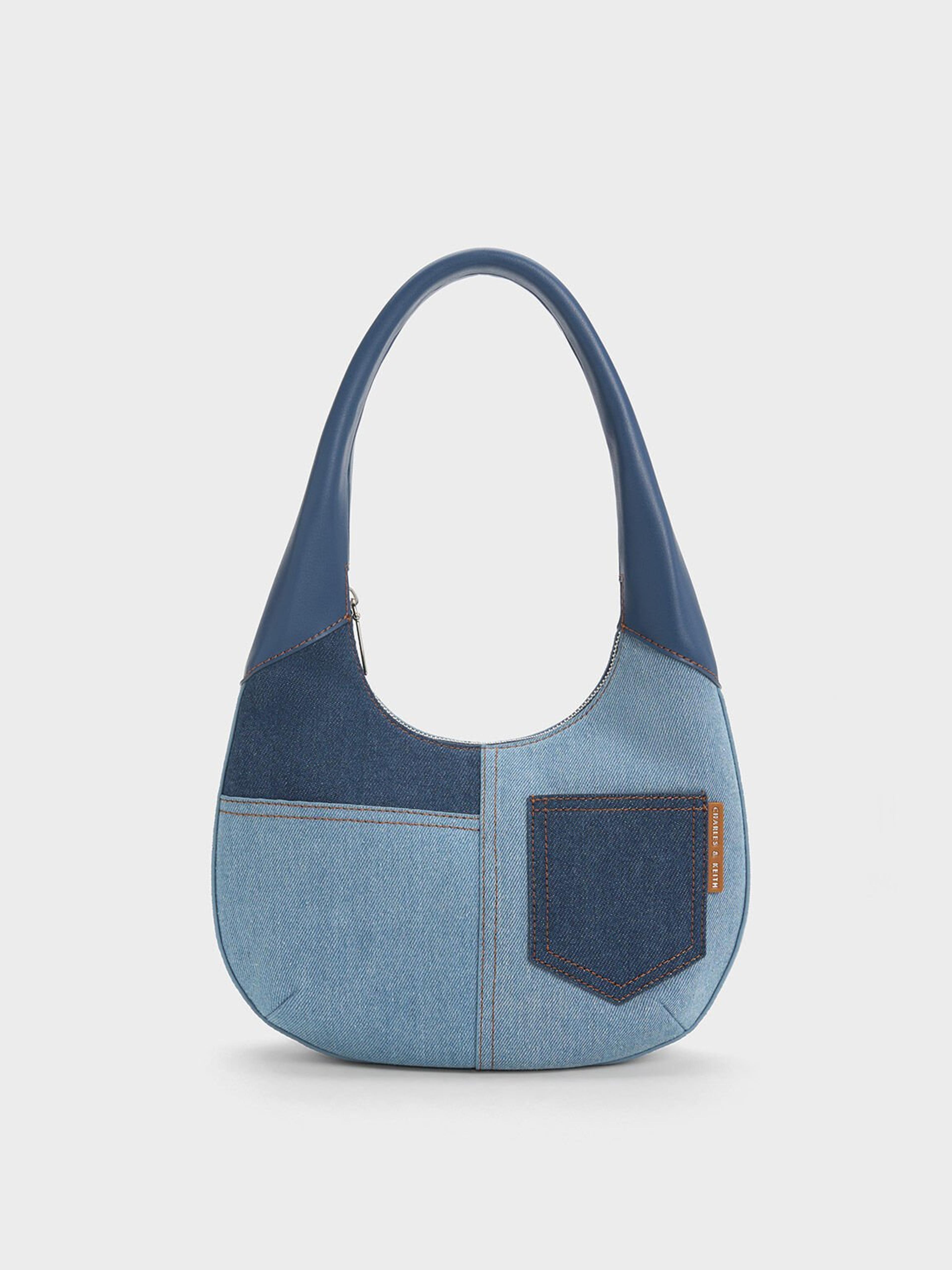 Denim Blue Anthea Denim Contrast-Trim Curved Hobo Bag - CHARLES & KEITH US