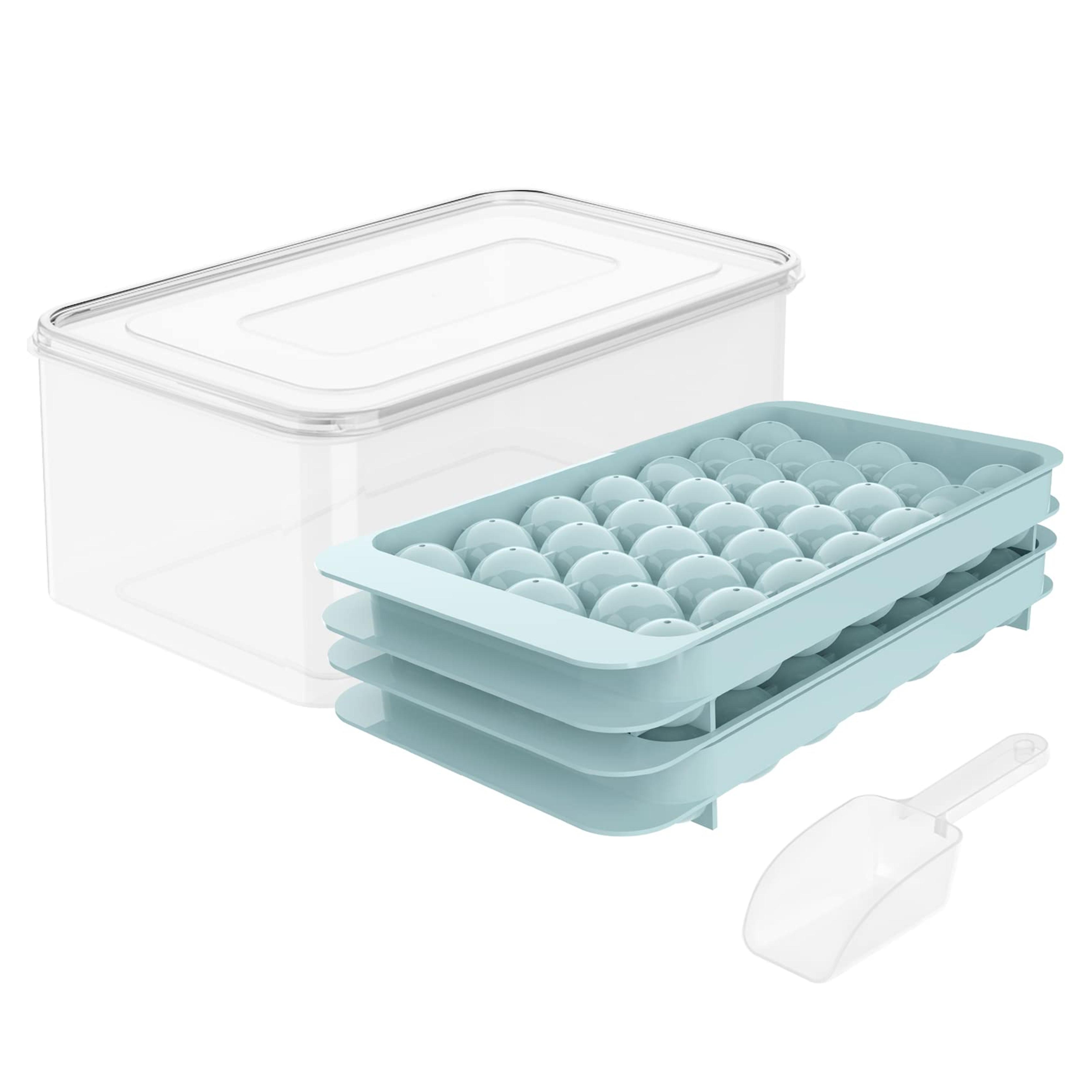 Round Ice Cube Tray with Lid Ice Ball Maker Mold for Freezer with Container Mini Circle Ice Cube Tray Making 66PCS Sphere Ice Chilling Cocktail Whiskey Tea Coffee 2 Trays 1 ice Bucket & Scoop Blue