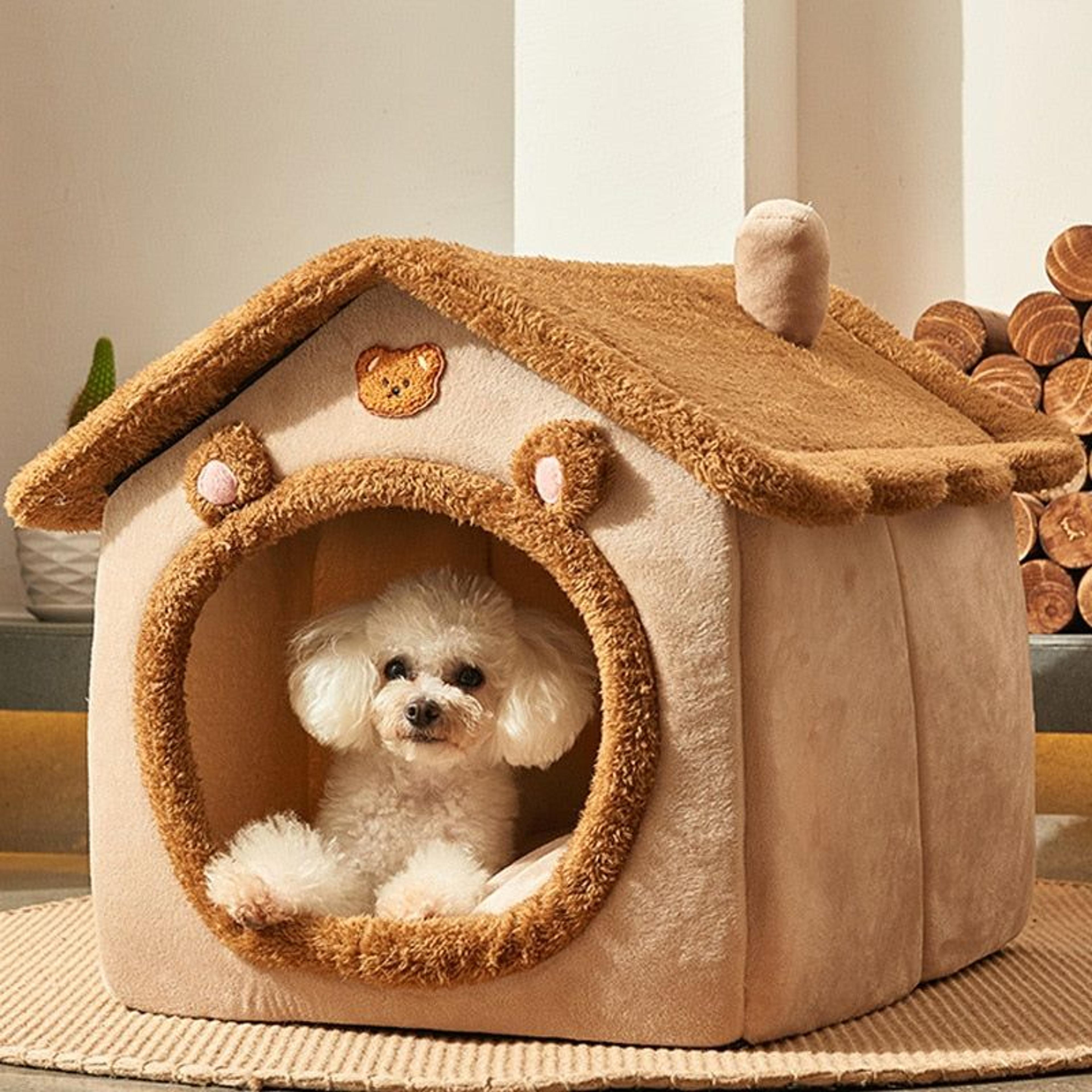 Fur Pet House For Small Dogs, Puppy Winter Igloo Fleece Warm House Bed - Green Yellow / S 43x36x34cm