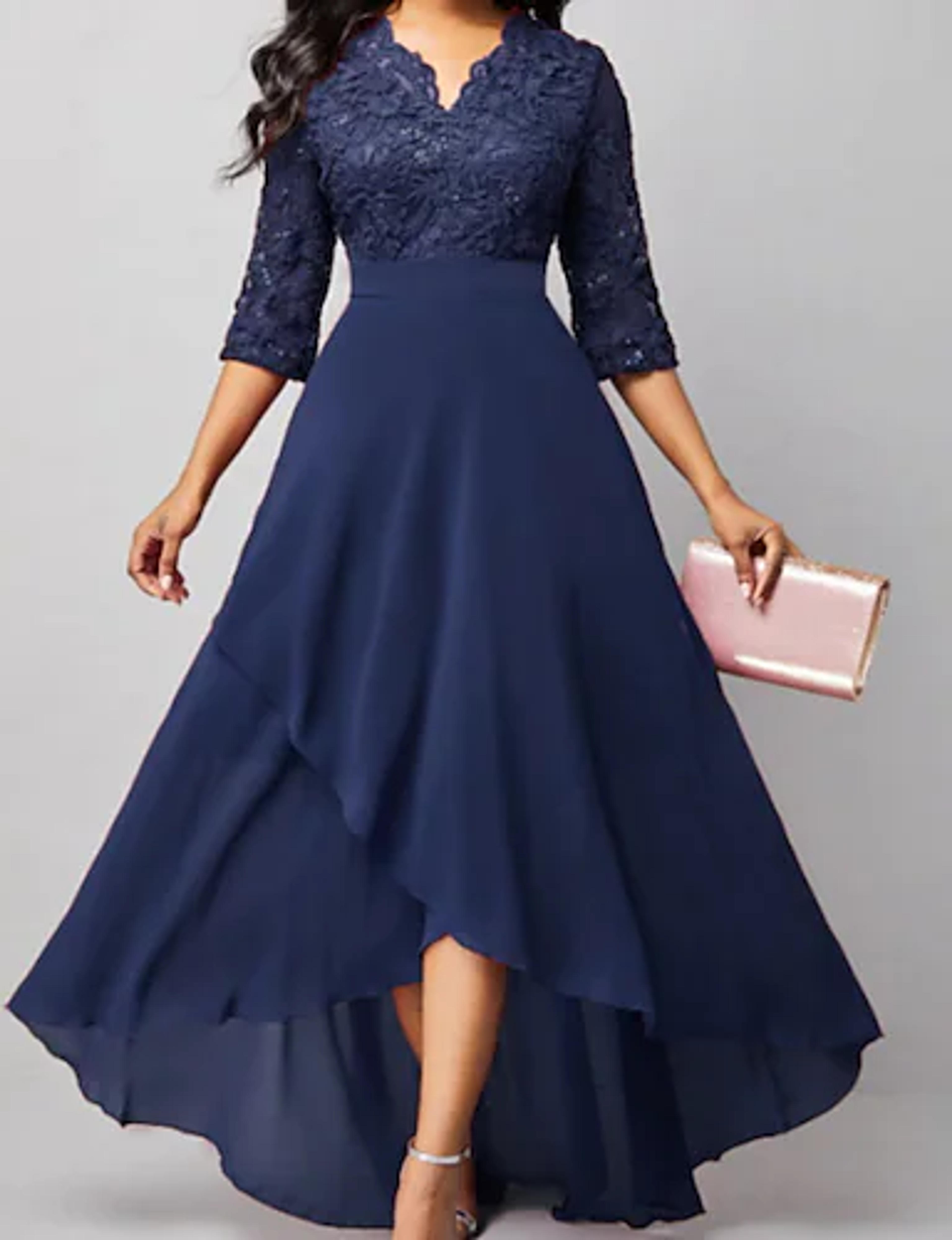 Women's A Line Dress Maxi long Dress Navy Blue 3/4 Length Sleeve Print Pure Color Ruched Lace Fall Winter V Neck Elegant Fashion Modern 2022 3XL 9204739 2022 – $40.99