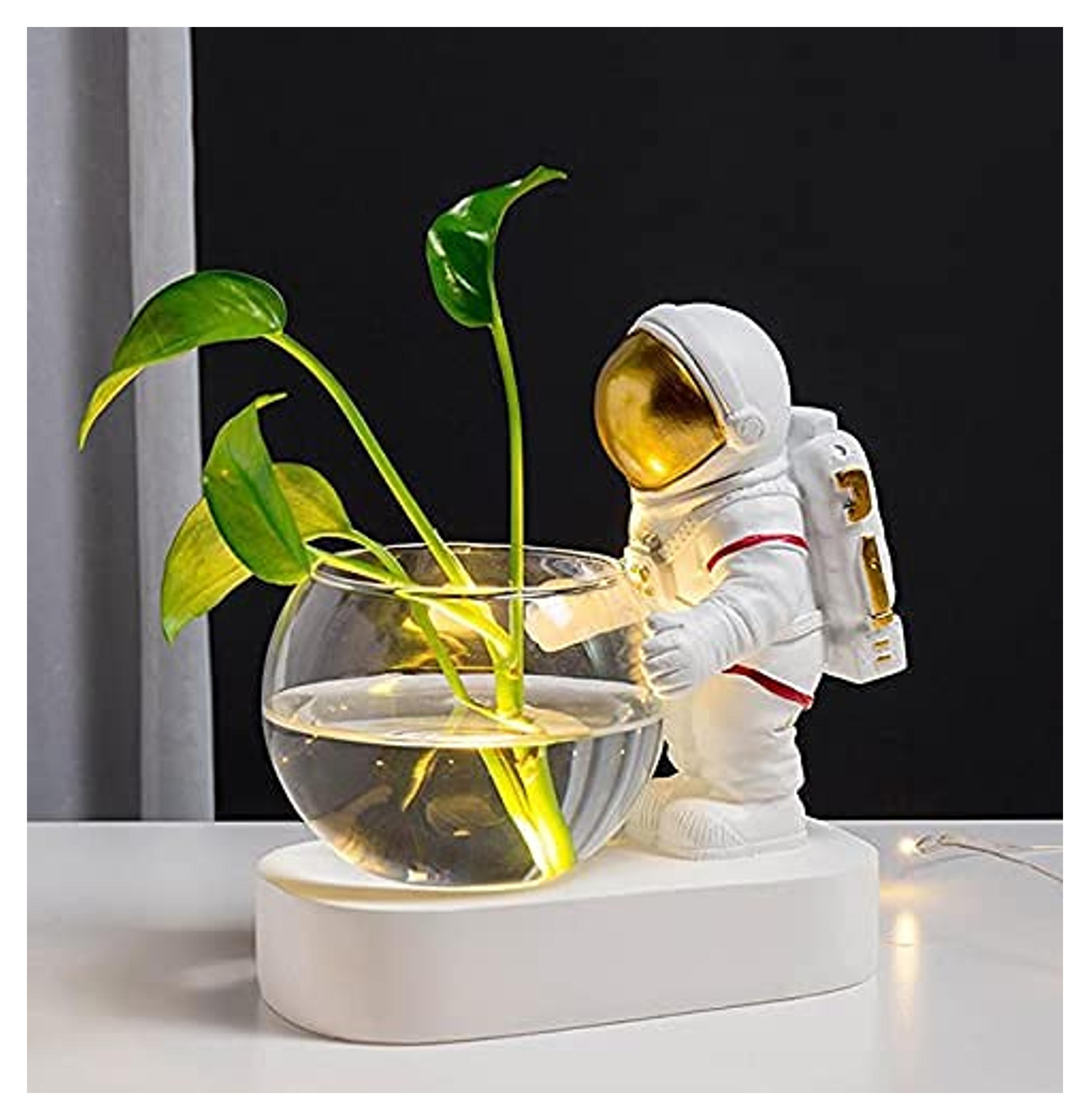 Astronaut Planter, Spaceman Glass Vase，Astronaut Resin Hydroponics Flower Vases，Led Light Nordic Modern Succulent Flower Pot Creative Decor White for Home Office Table