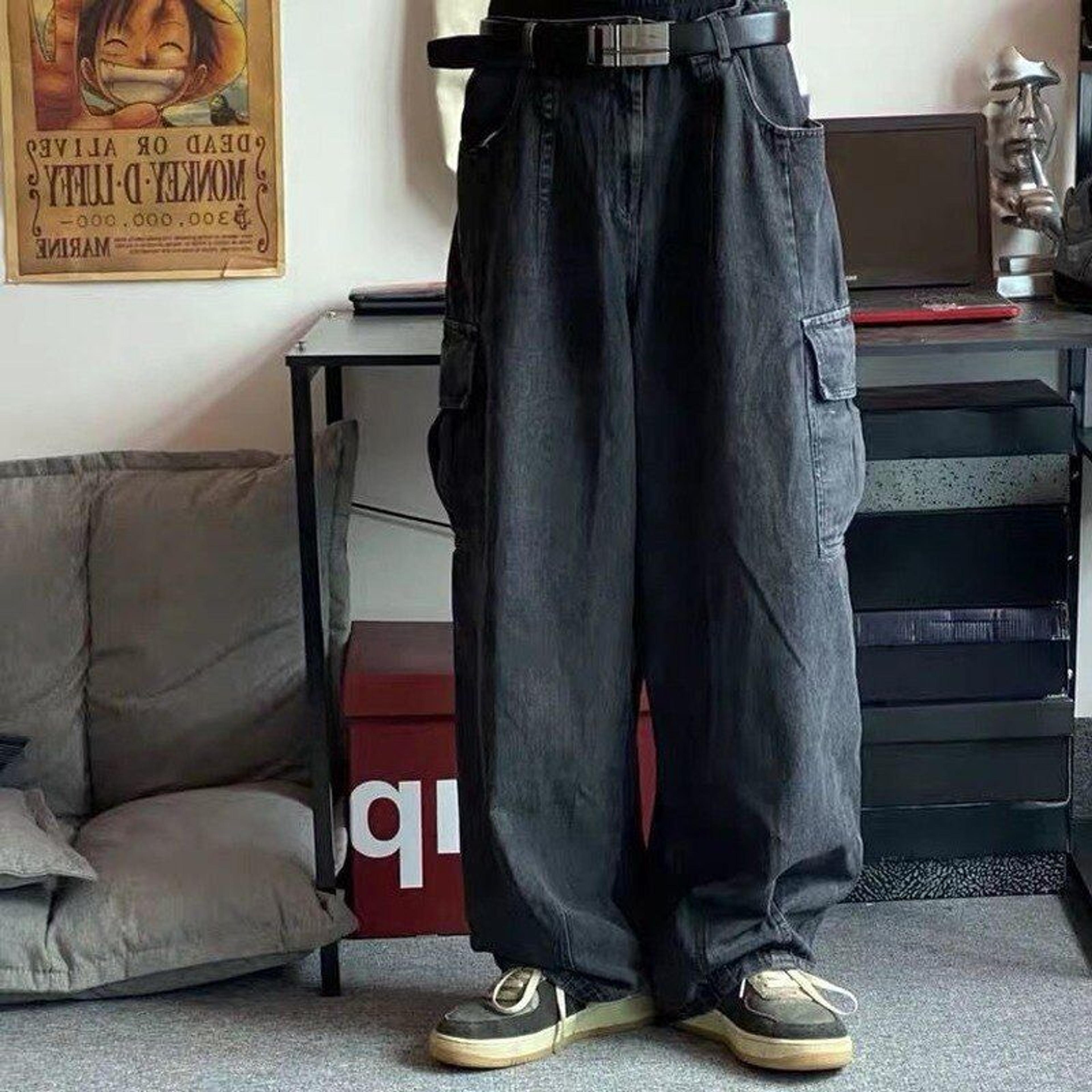 ARENS Baggy Jeans Trousers Male Denim Pants Black Wide Leg Pants Men's Jeans Loose Casual Korean Streetwear Hip Hop Harajuku A73 Black-Asian size S