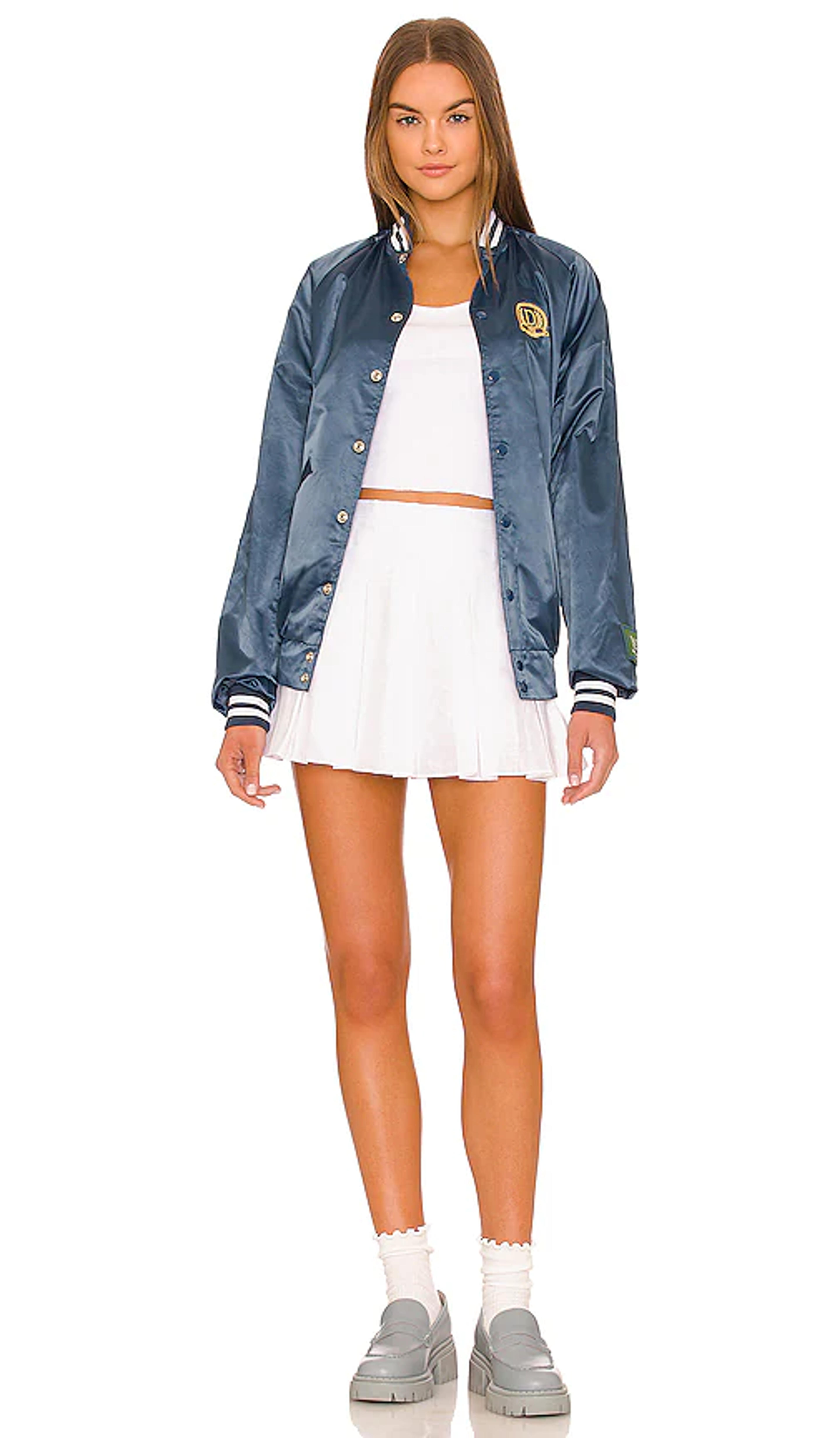 DANZY Vintage Satin Letterman Jacket in Navy | REVOLVE