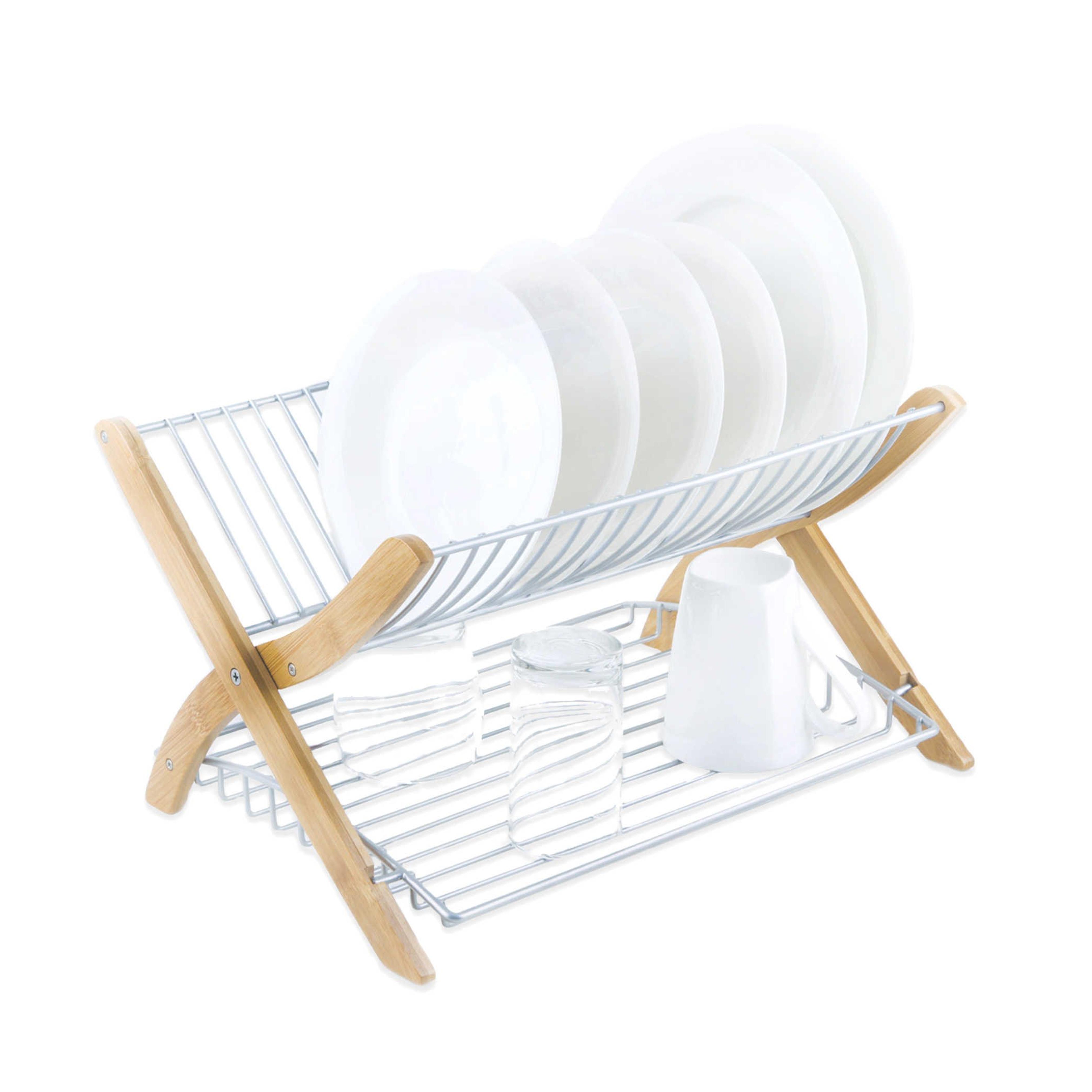 Bamboo and Nickel Multi Level Dish Drying Rack