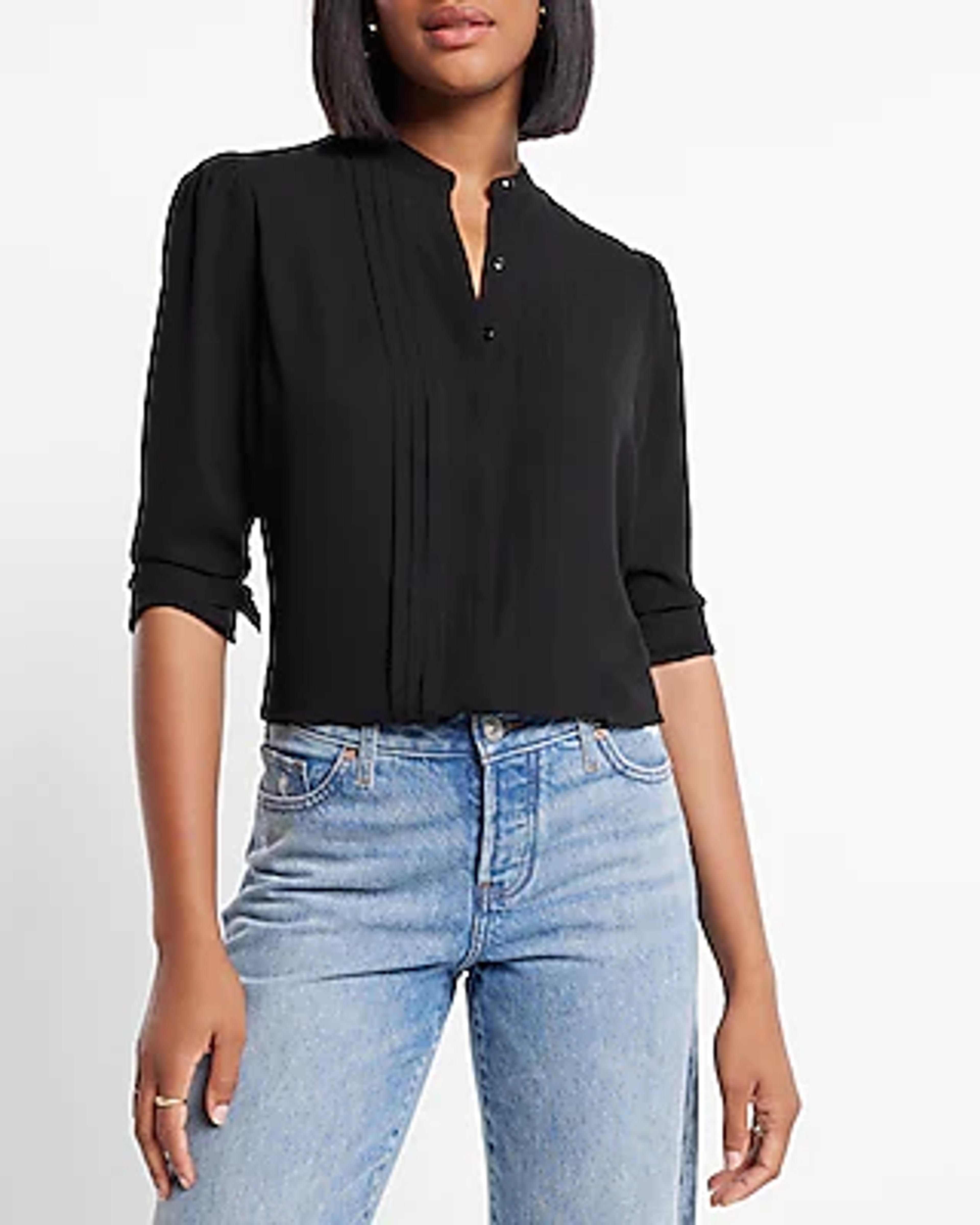 Pleated Front Stand Collar Portofino Shirt | Express