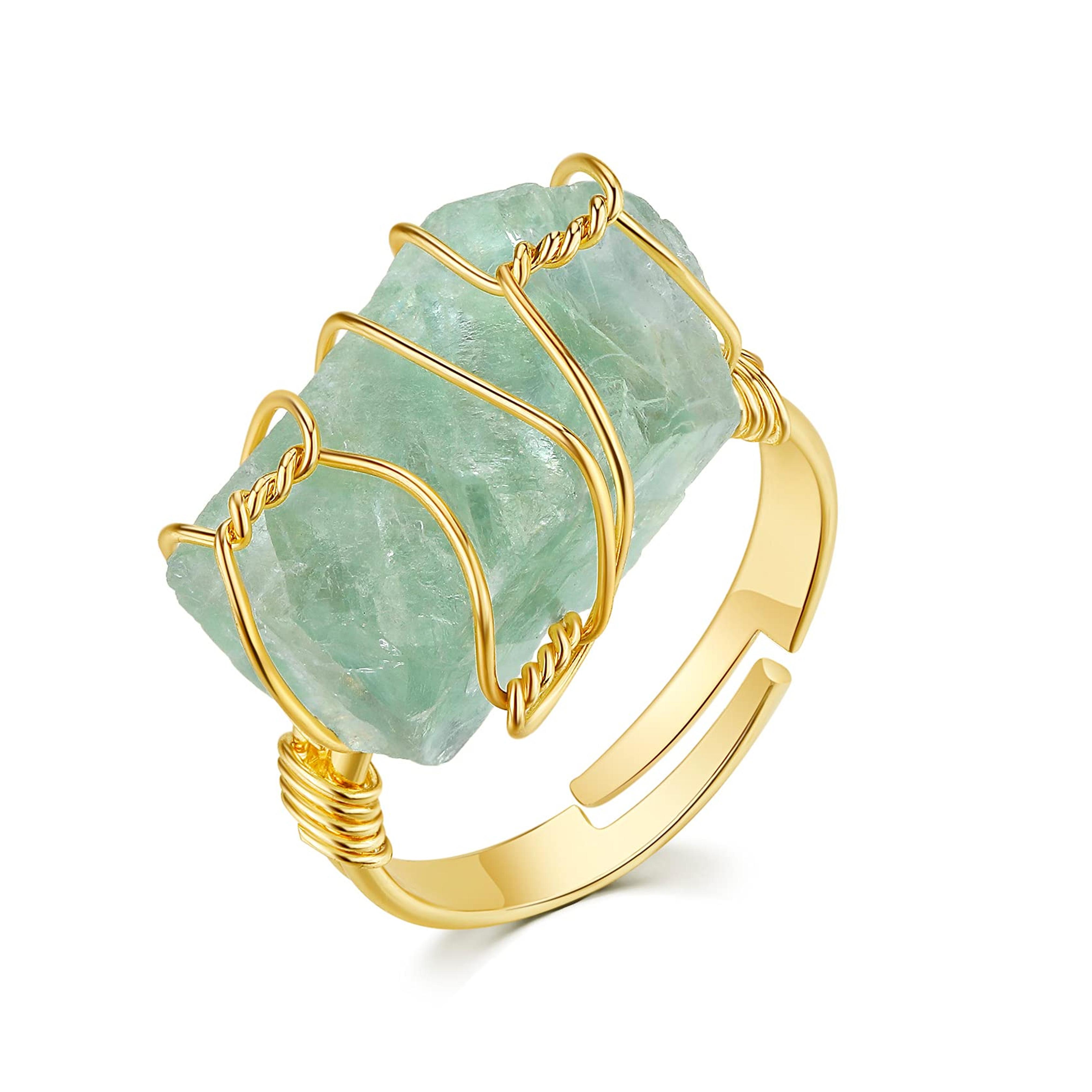 Crystal Gold Rings for Women Healing Raw Stones Ring, Handmade 18k Gold Plated Adjustable Ring, Statement Gemstone Crystal Green Raw Stone Rings Birthday Gifts Jewelry for Teen Girls