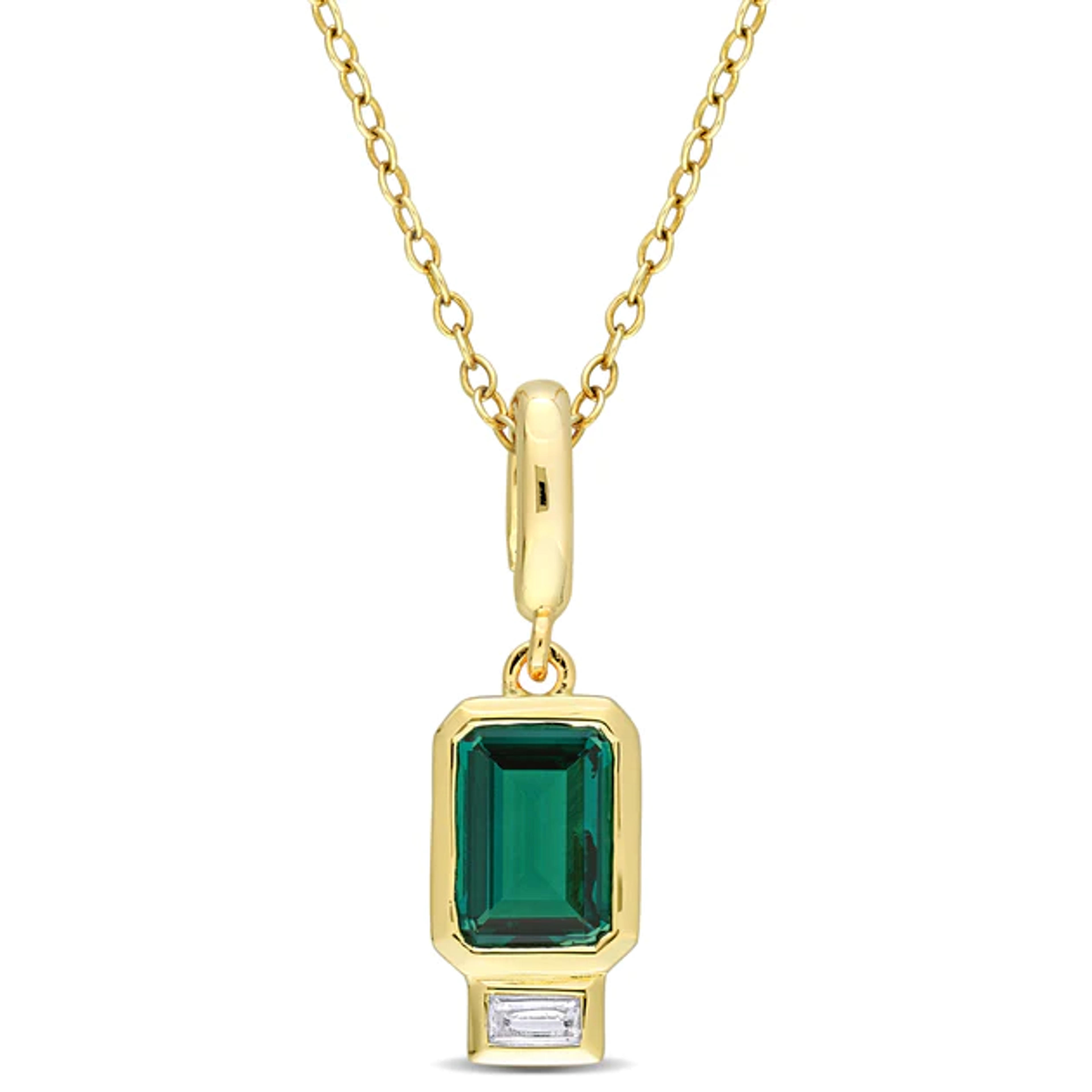 Women's 1ct TGW Octagon Created Emerald & Created White Sapphire Charm Pendant with Chain in Yellow Plated Sterling Silver