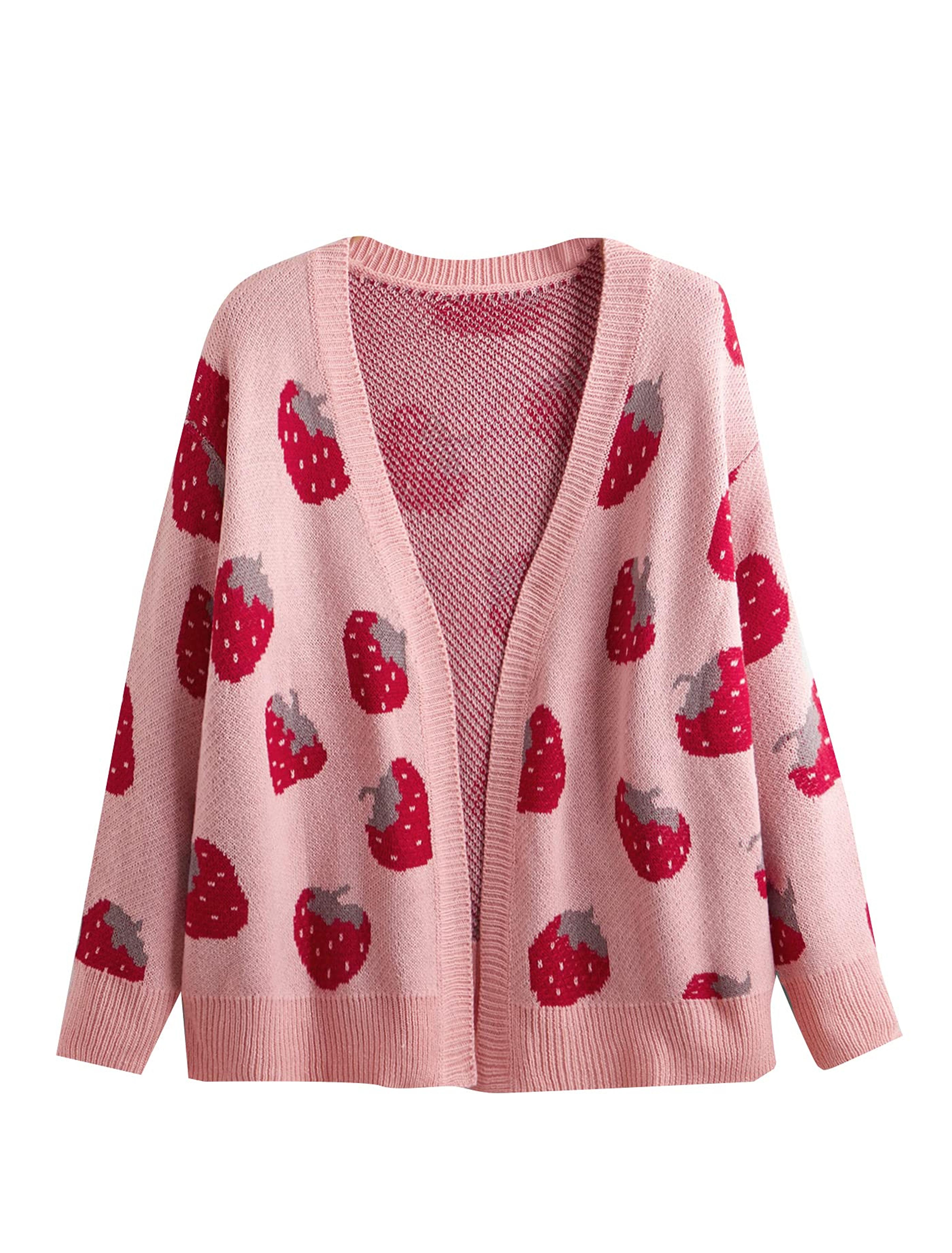 MakeMeChic Women's Plus Size Strawberry Print Long Sleeve Open Front Knit Cardigan Sweater Pink 3XL at Amazon Women’s Clothing store