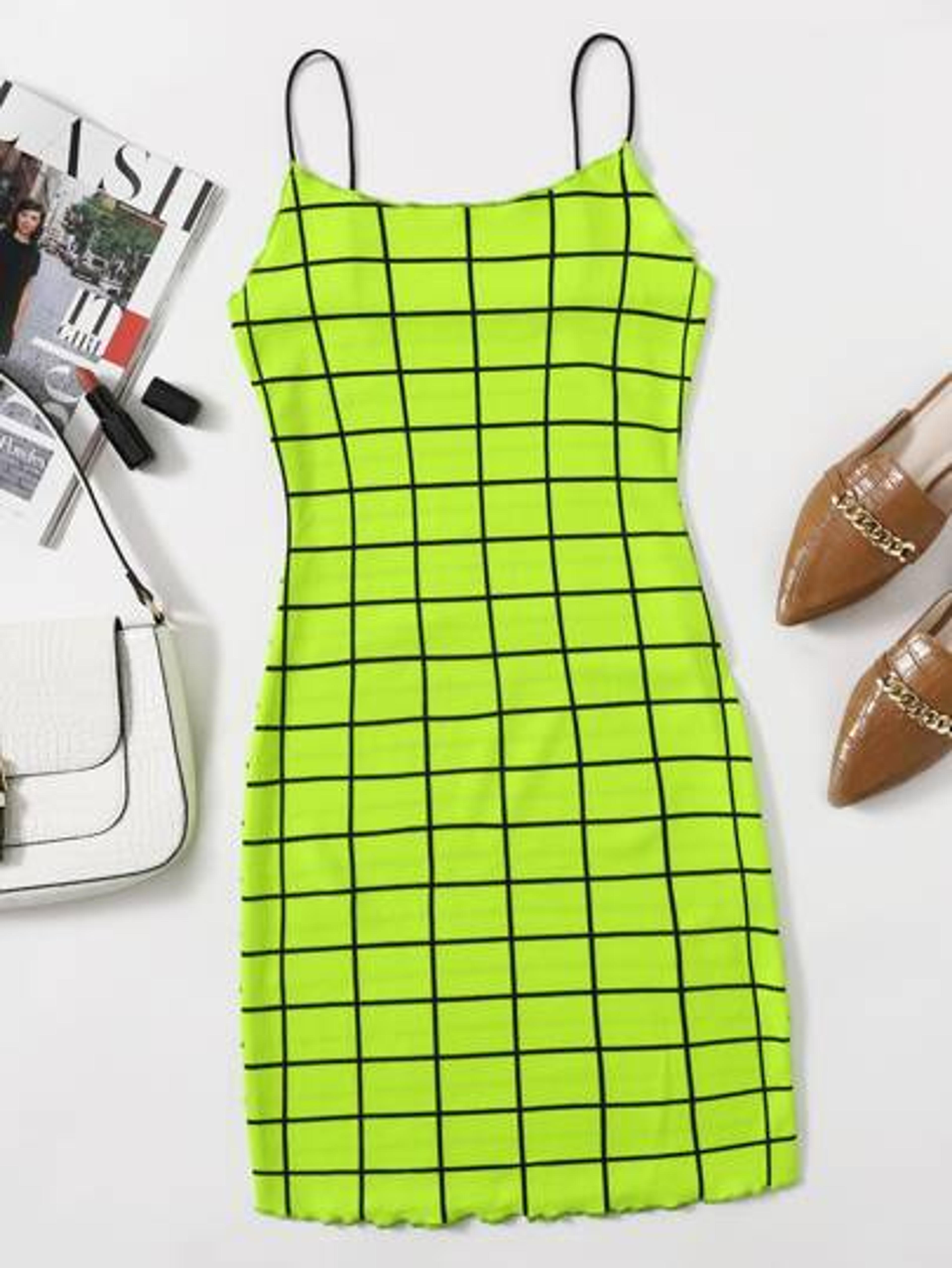 SHEIN Neon Lime Lettuce Trim Grid Bodycon Dress | SHEIN USA