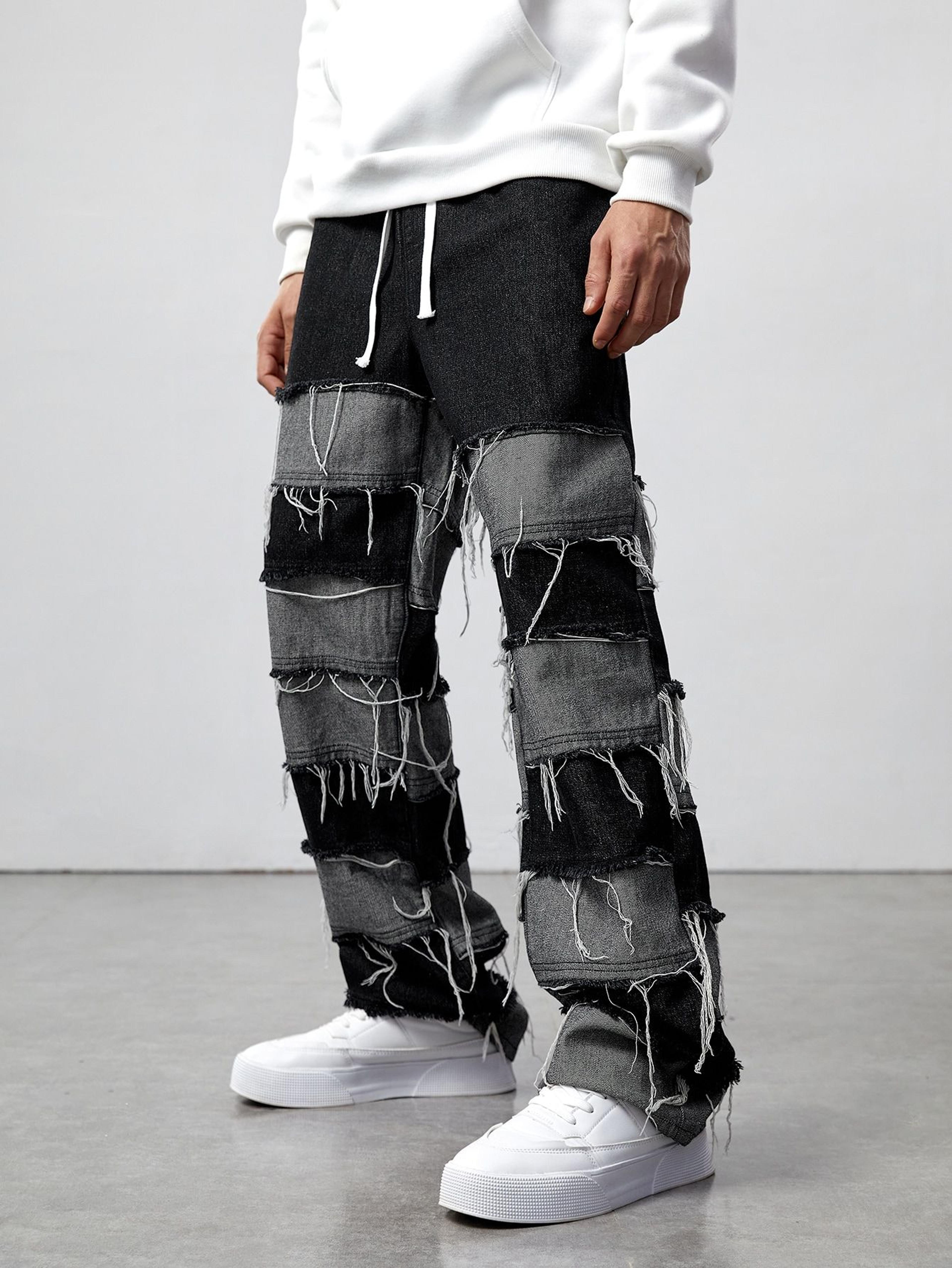 Guys Cotton Raw Trim Straight Leg Baggy Jeans