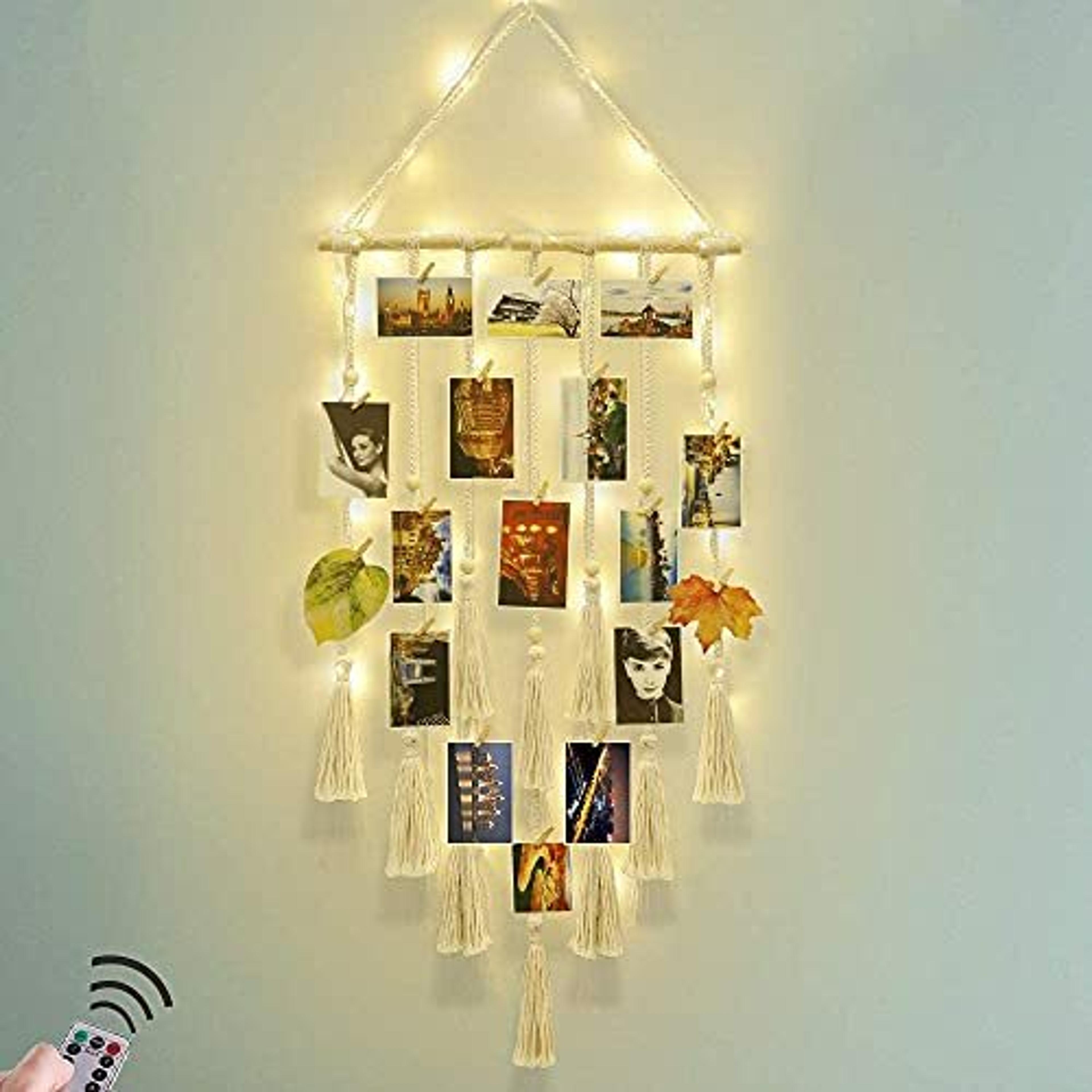 Hanging Photo Display Wall Decor - Macrame Wall Hanging Boho Room Decor, Picture Frames Collage Board with Remote Light and 30 Clips, Christmas Teen Girl Gifts, Women Bedroom College Apartment Decor - ShoppeTop.com