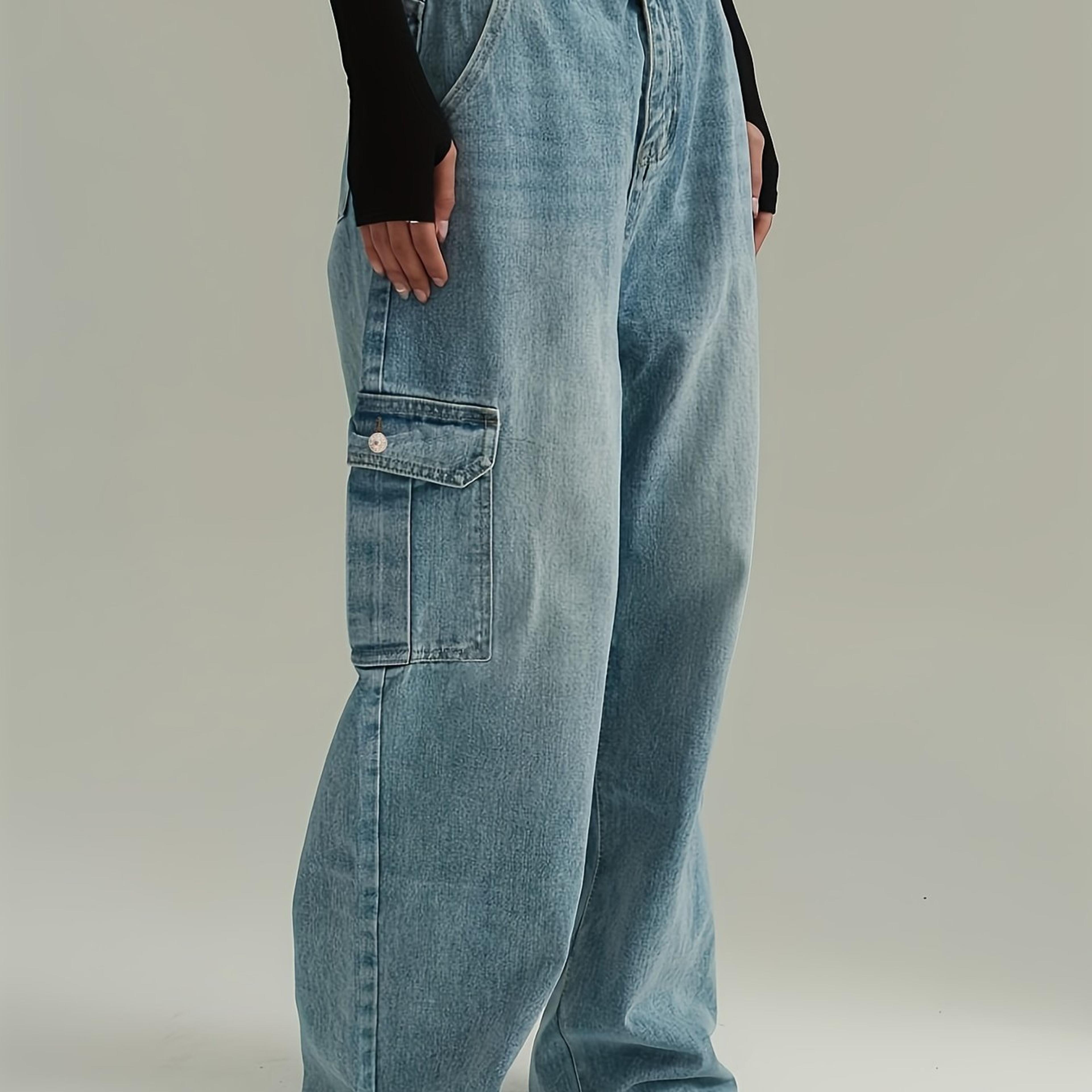 High Rise Loose Baggy Denim Cargo Pants, Floor Length Expanded Flap Pockets Long Denim Trousers, Y2k Kpop Vintage Style, Women's Denim Jeans & Clothing