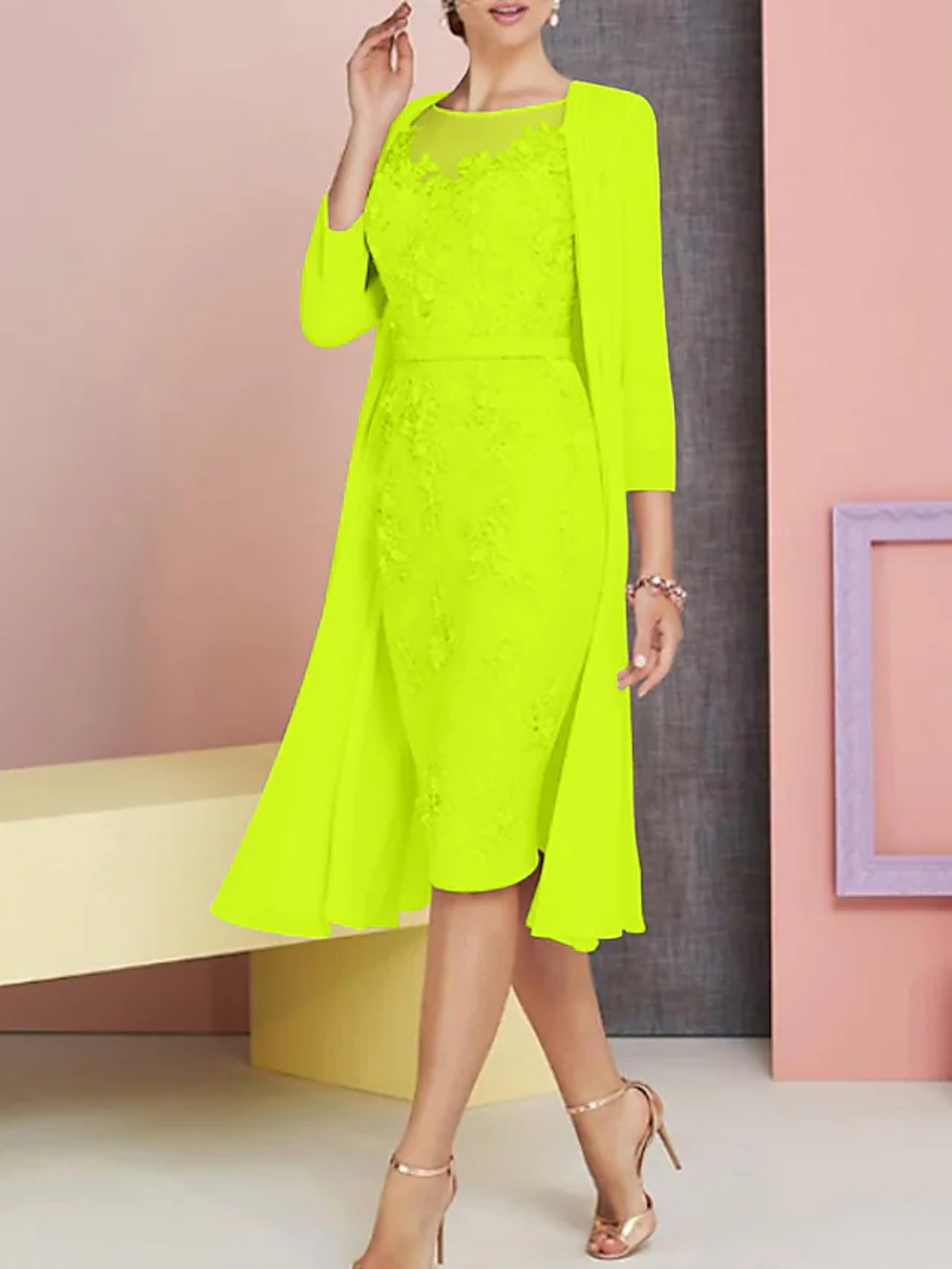 Two Piece Sheath / Column Mother of the Bride Dress Vintage Plus Size Elegant Bateau Neck Knee Length Chiffon Lace 3/4 Length Sleeve Jacket Dresses with Appliques 2022 / See Through 7566028 2022 – $155.97