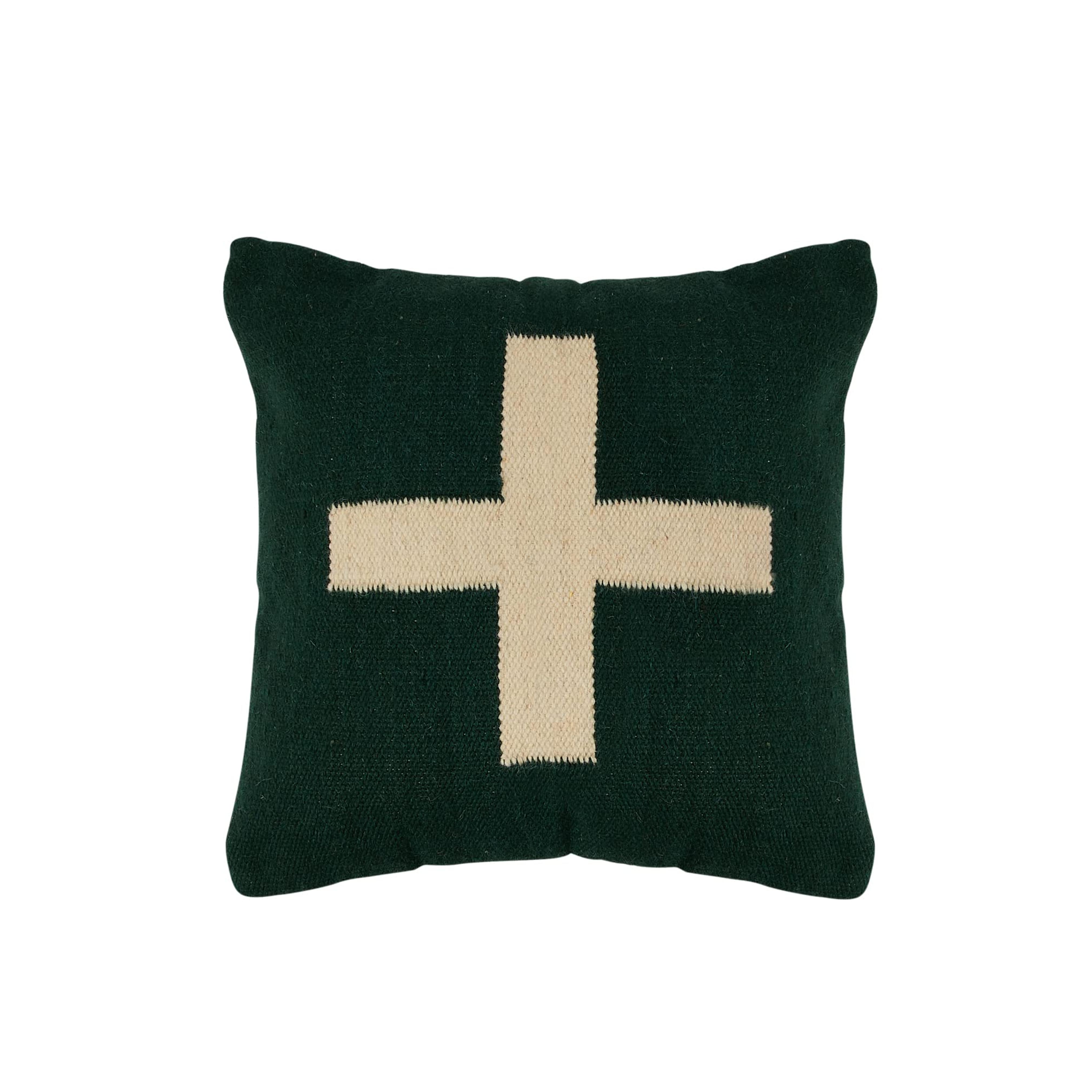 Creative Co-Op Swiss Cross Cotton Wool Throw Pillow, Green and Cream