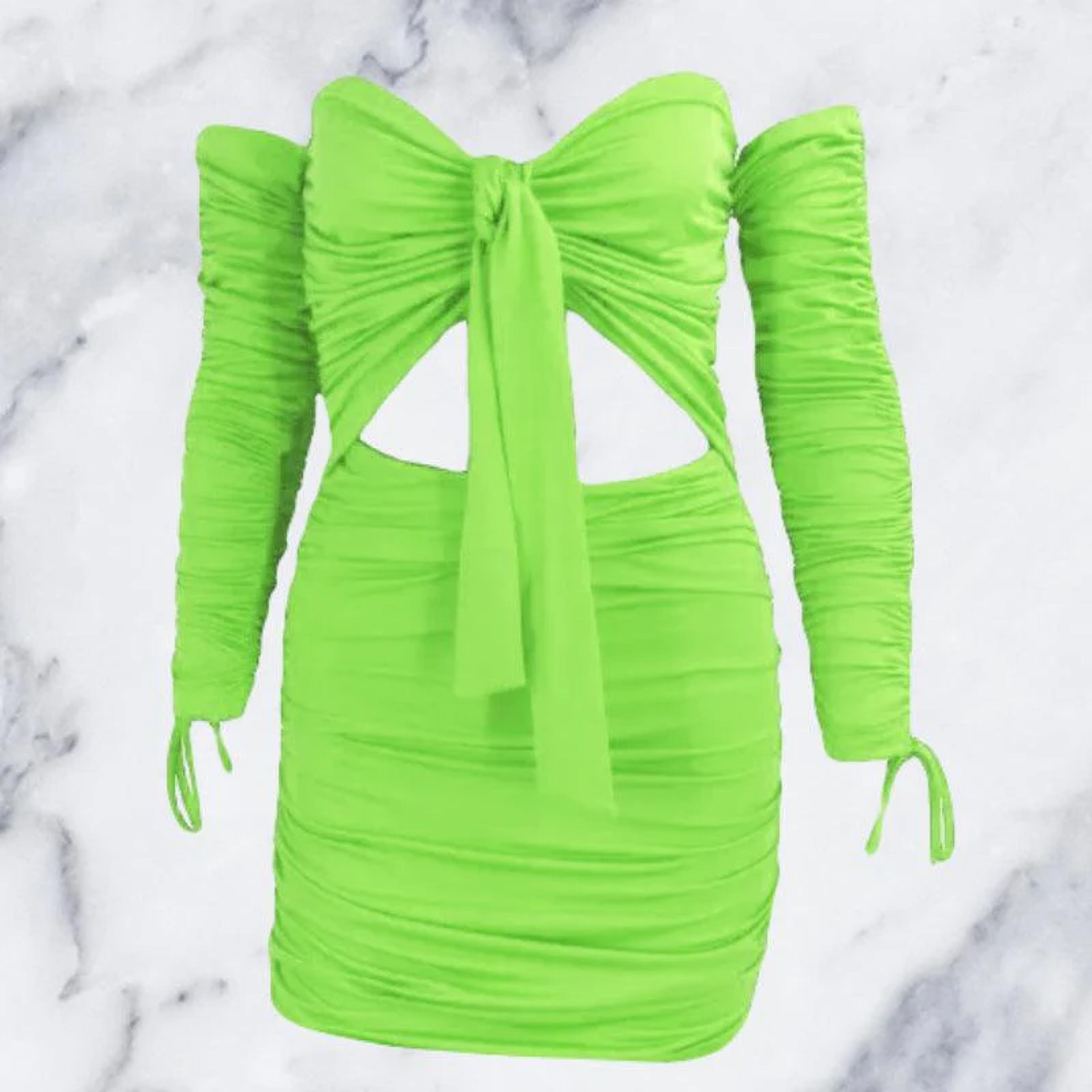 Neon Lime Green Ruched Strapless Tie Up Mini Dress