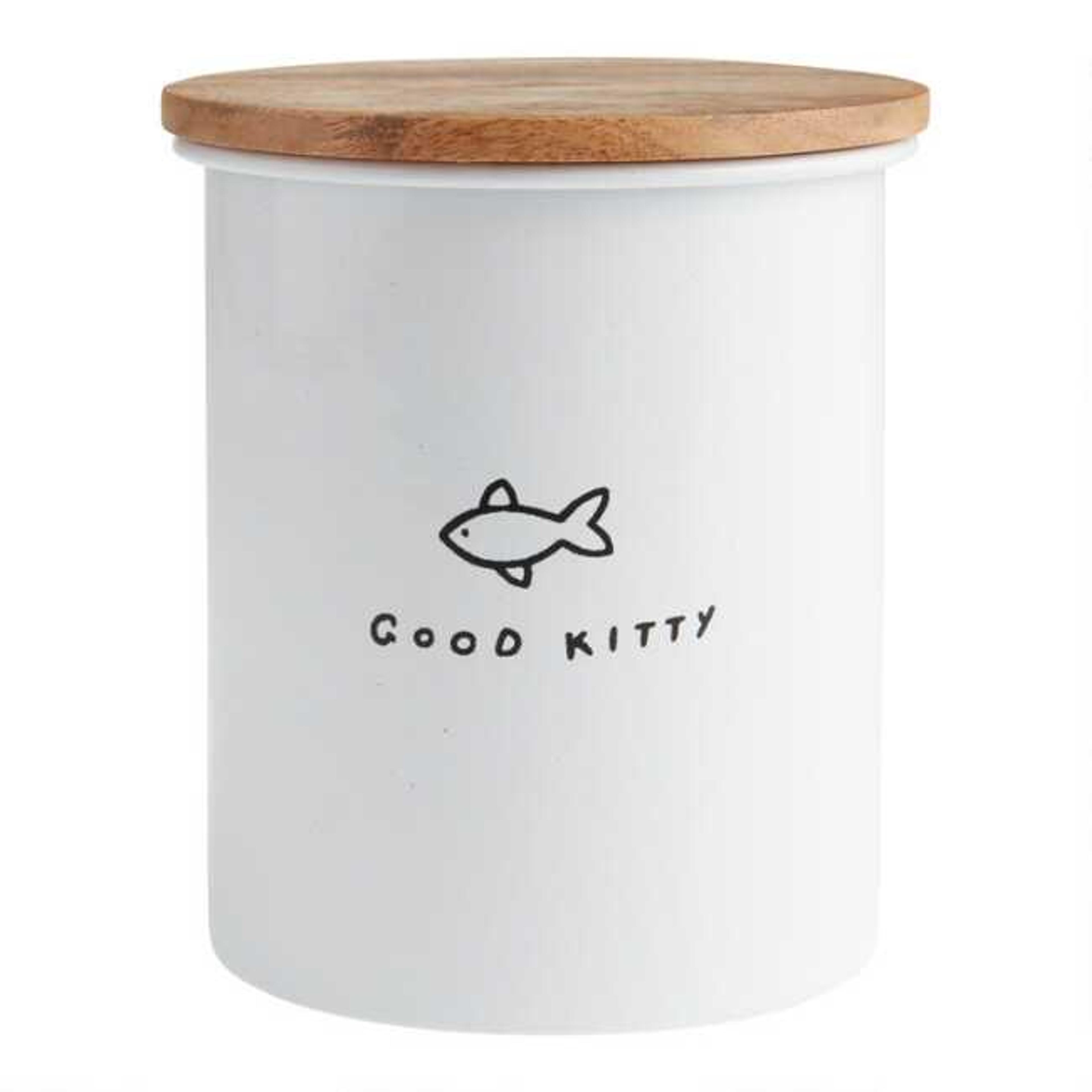 White Metal and Wood Good Kitty Pet Treat Canister