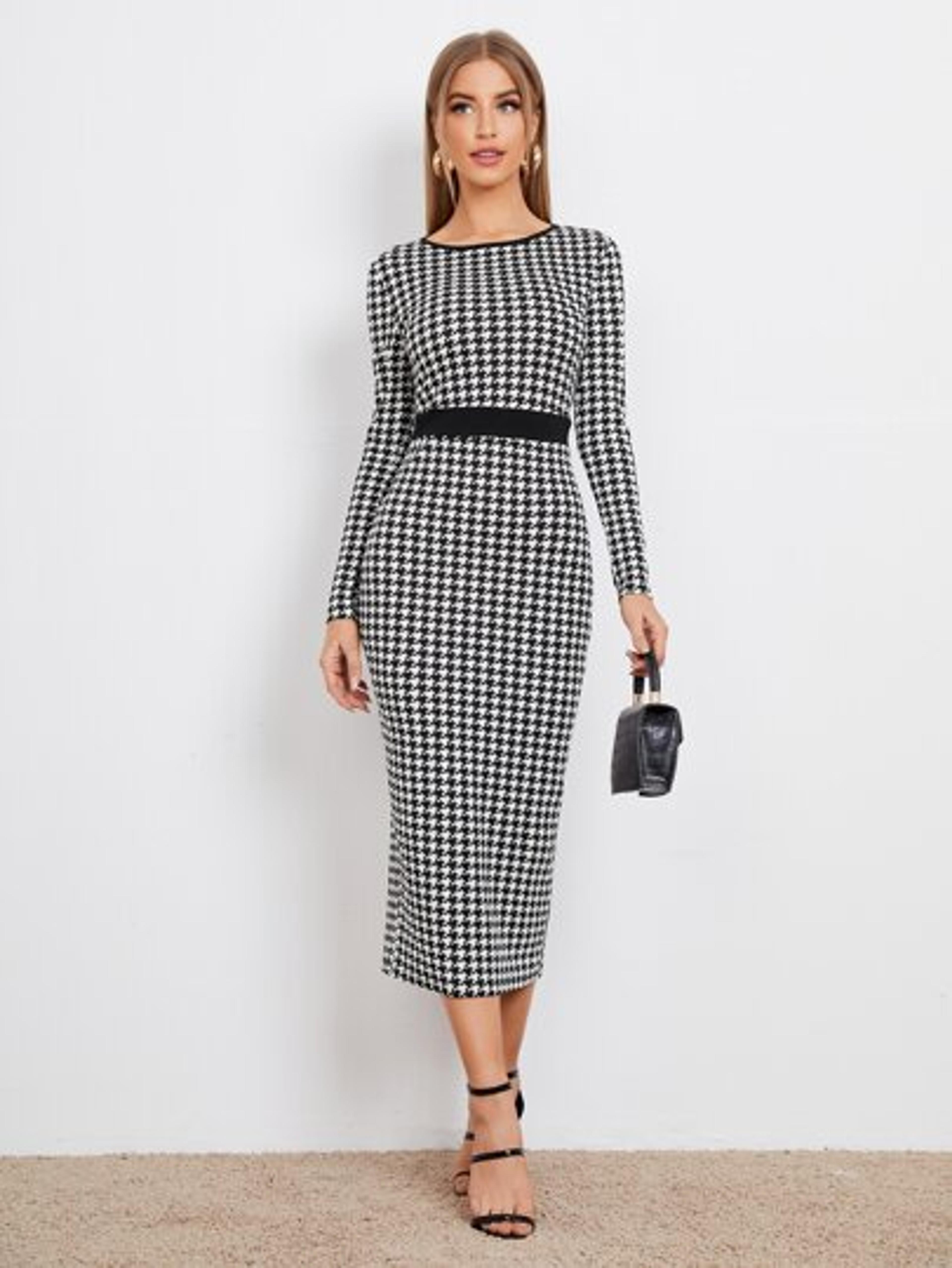 SHEIN Split Back Houndstooth Bodycon Dress | SHEIN USA