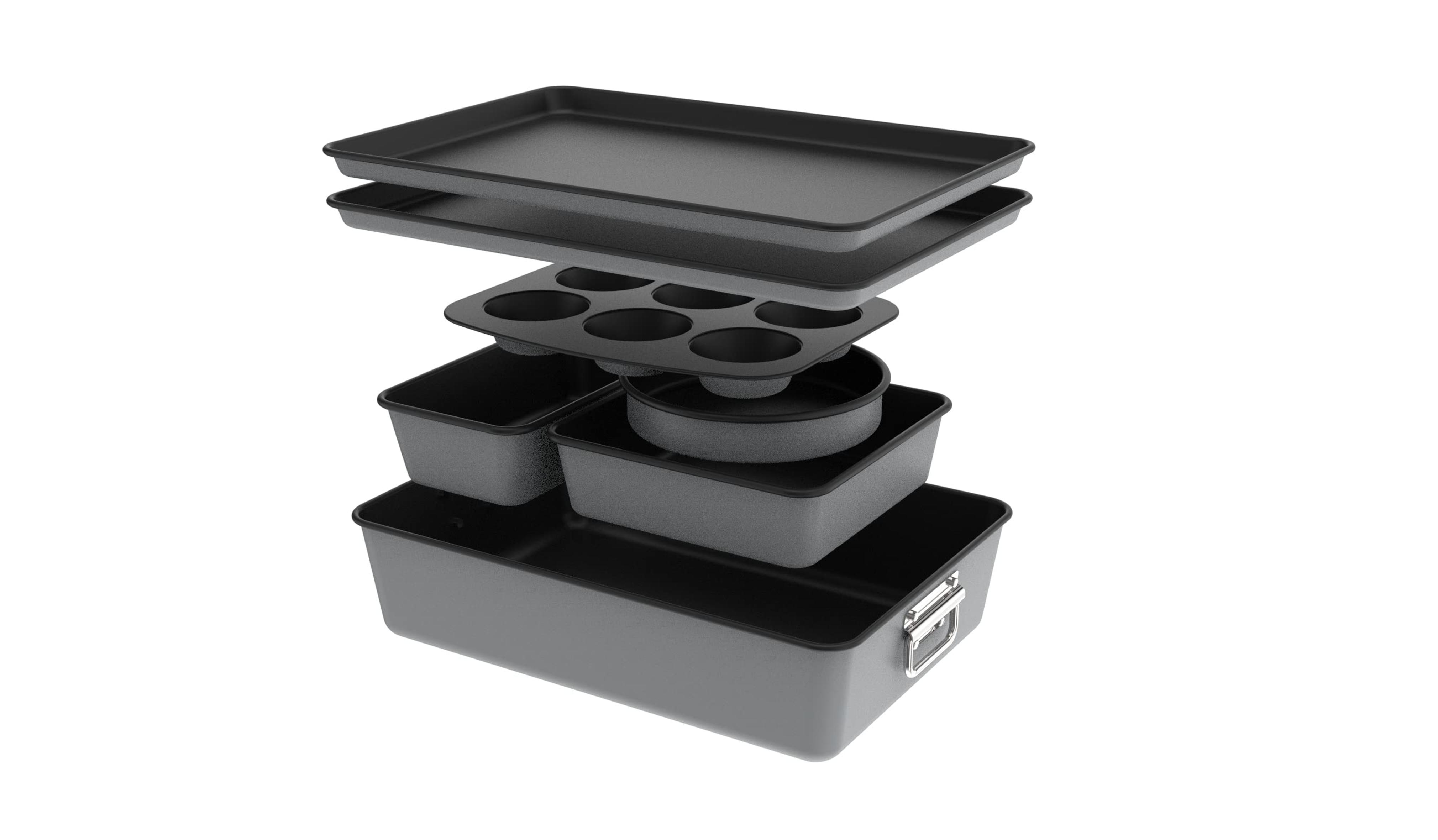 Amazon.com: NutriChef 8-Piece Nonstick Stackable Bakeware Set - PFOA, PFOS, PTFE Free Baking Tray Set w/Non-Stick Coating, 450°F Oven Safe, Round Cake, Loaf, Muffin, Wide/Square Pans, Cookie Sheet (Blue): Home & Kitchen