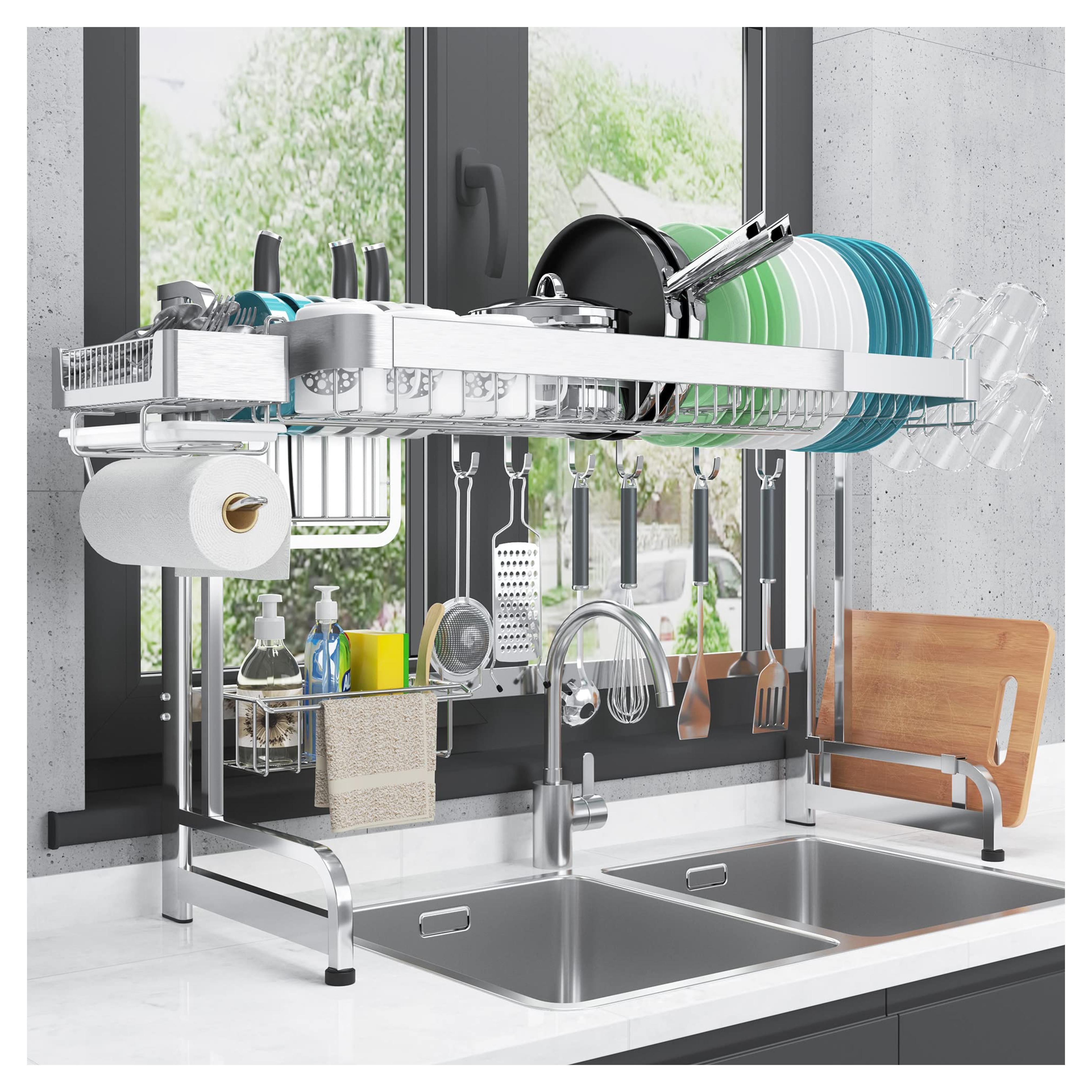 LIVOD Over The Sink Dish Drying Rack, 2 Tier Over Sink Dish Drying Rack Width Adjustable(25.6-37.6in), Durable Stainless Steel Dish Rack Over Sink Organizer, Space Saving Kitchen Sink Drying Rack