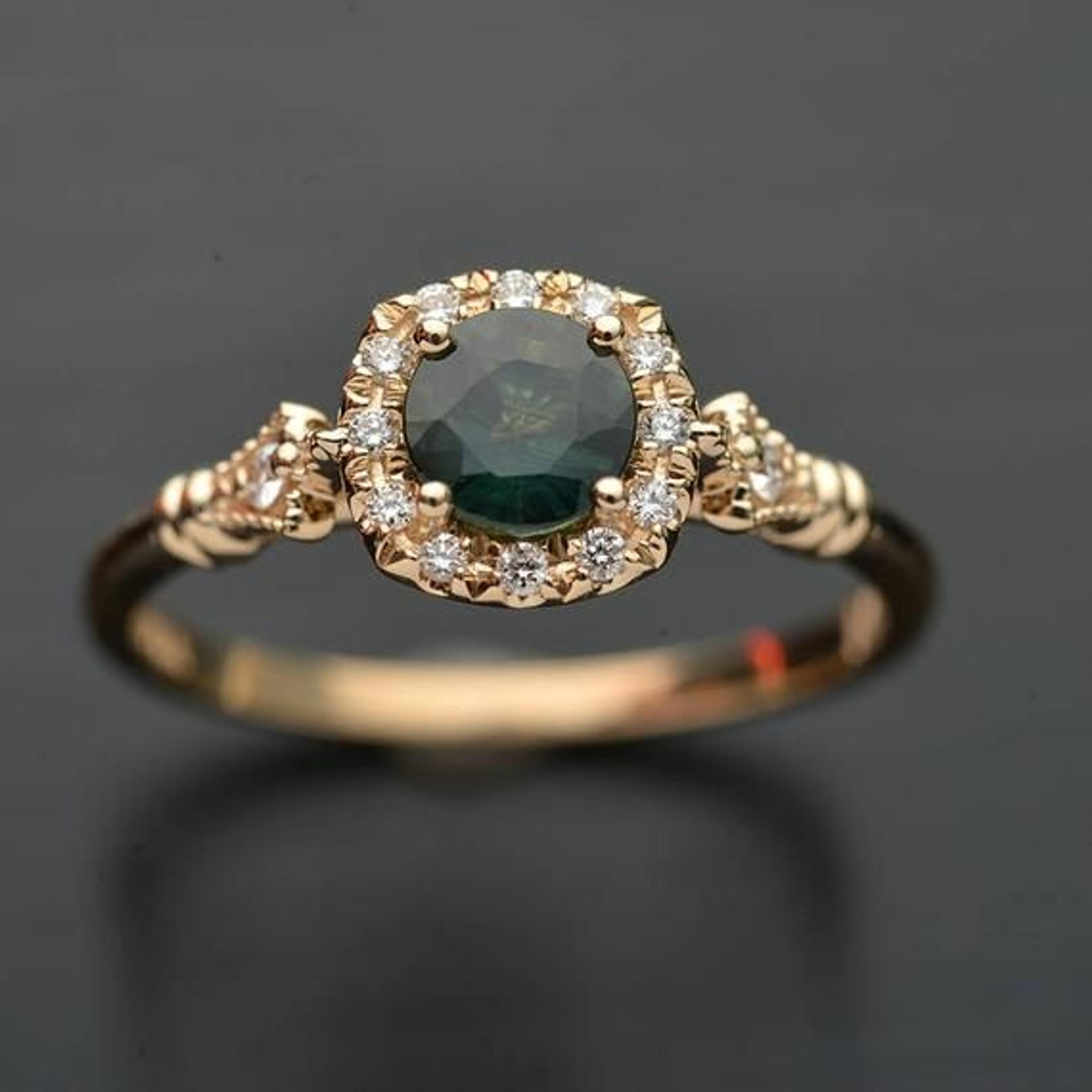 Engagement ring with natural Montana green bluish sapphire with cushion micro pave halo classic style in white rose yellow gold or platinum