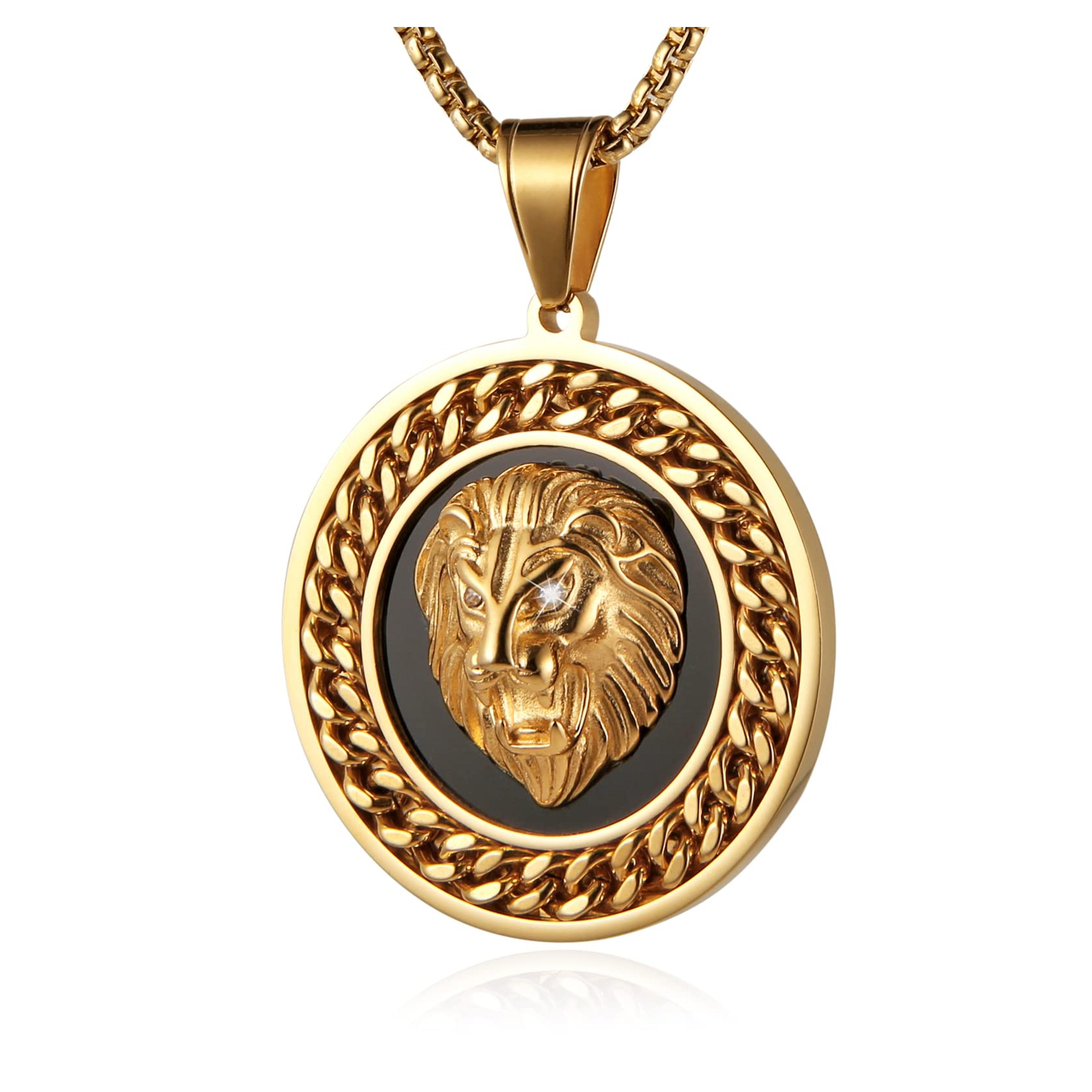 AsAlways Hip Hop Jewelry 3D Lion Head Shiny Circle of Cuban Link Pendant Gold Medallion Lion King Leo Necklace for Men Women