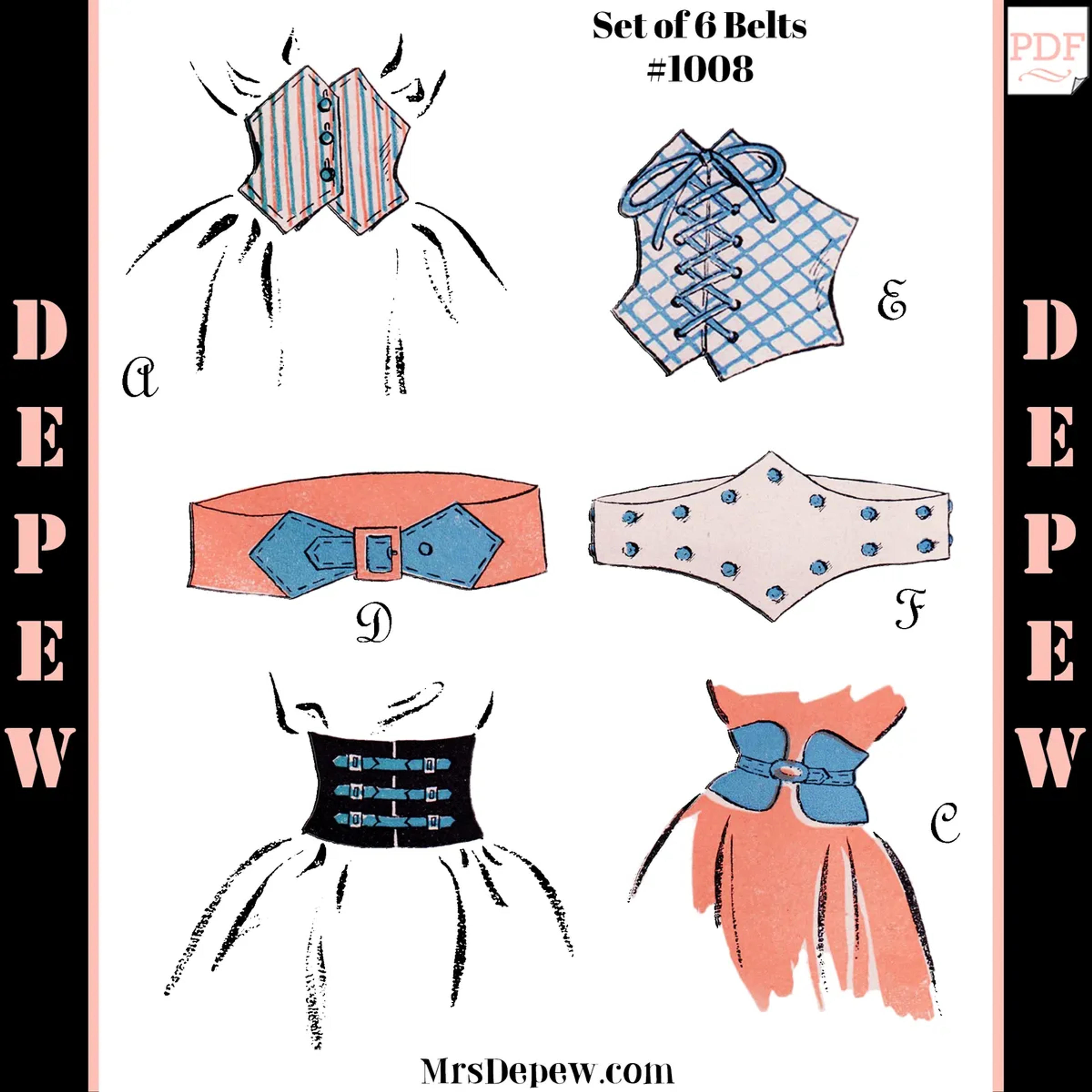 Vintage Sewing Pattern 1940s Style Belts and Cummerbunds Size Medium Depew #1008 -INSTANT DOWNLOAD