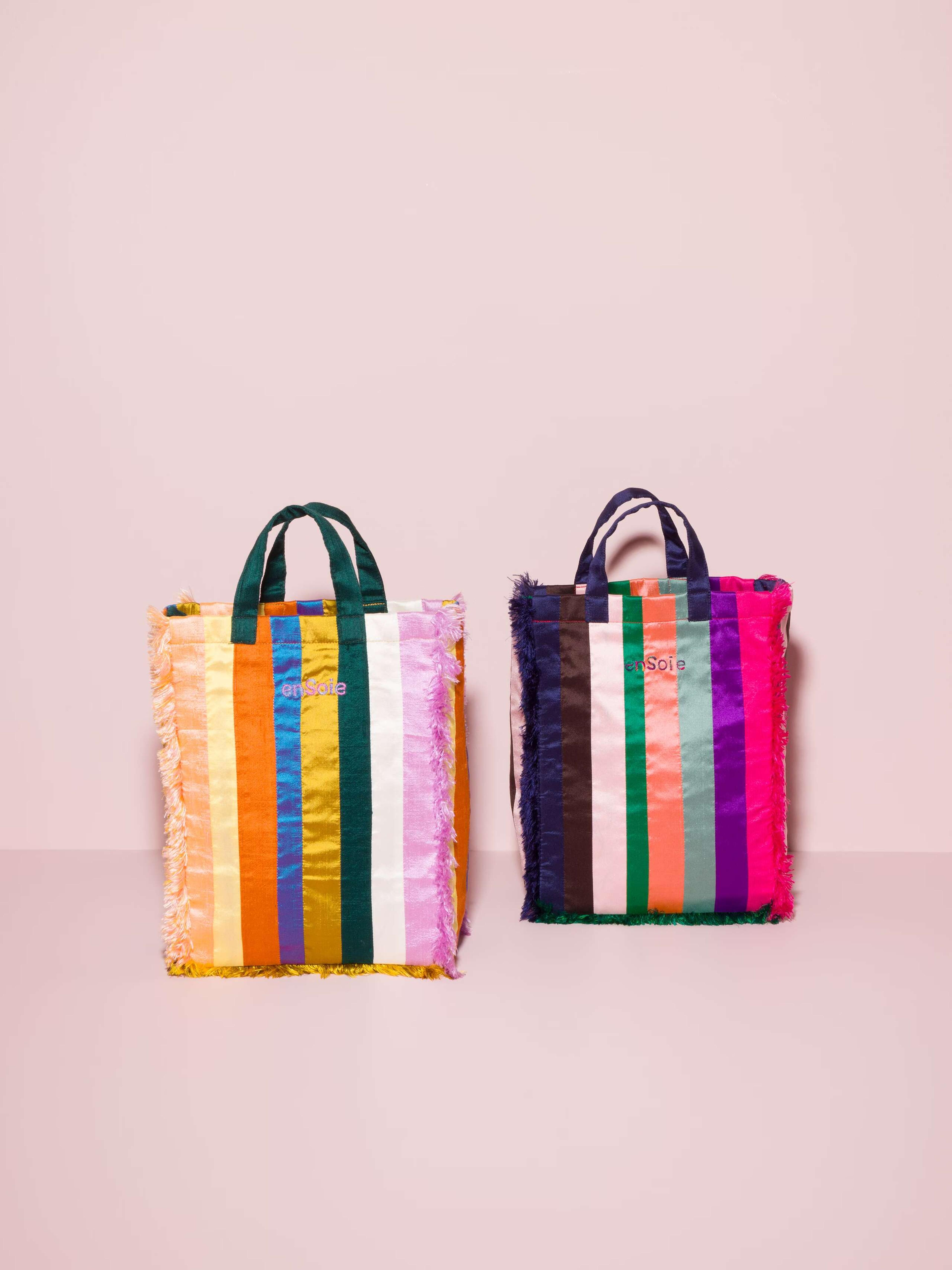 Cabas bag small Doupion silk, Fancy stripe, two colour variations | enSoie, a family brand