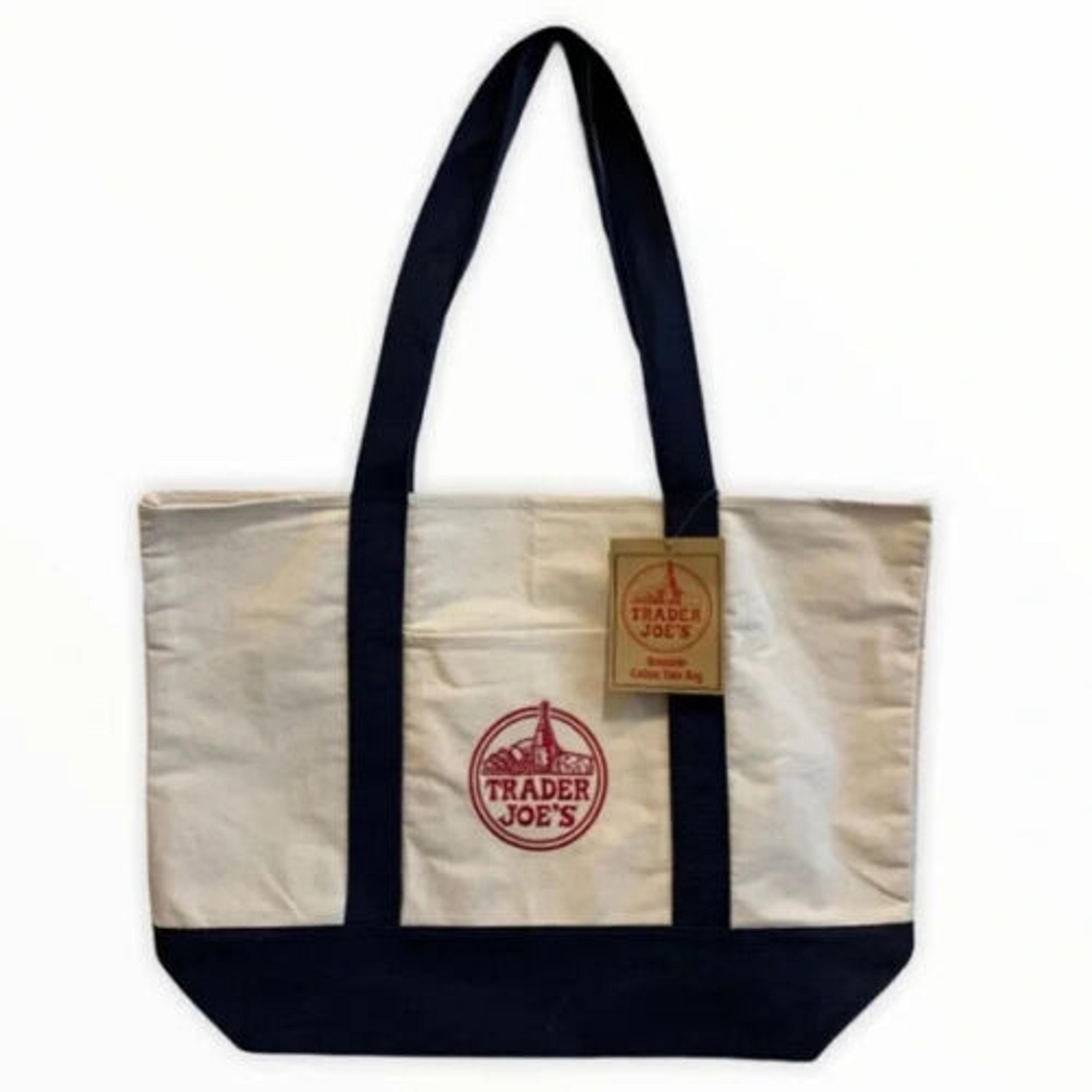 TRADER JOE'S Heavy Duty   Reusable  Canvas Tote Shopping Bag Blue Embroided