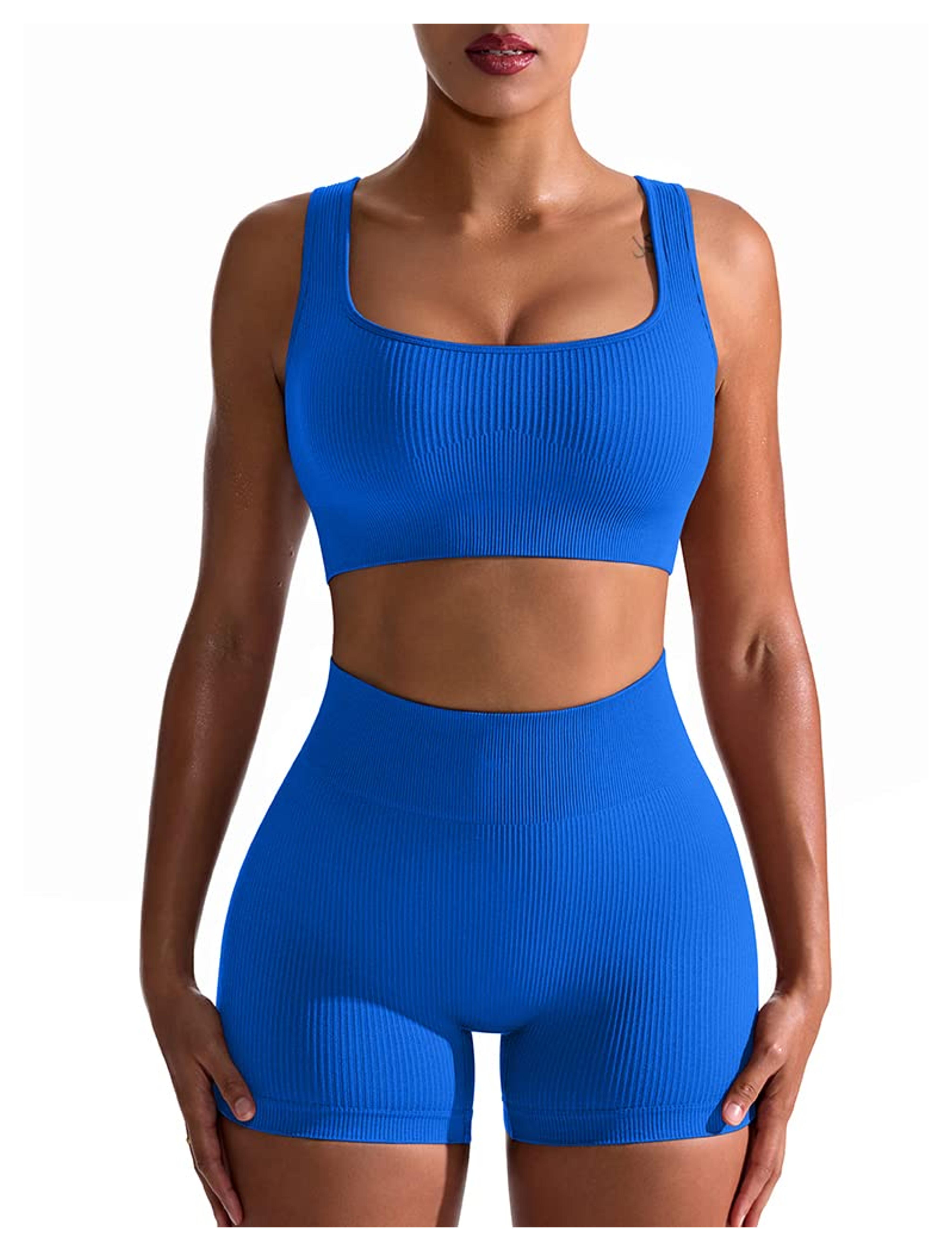 OQQ Workout Outfits for Women 2 Piece Seamless Ribbed High Waist Leggings with Sports Bra Exercise Set Blue2