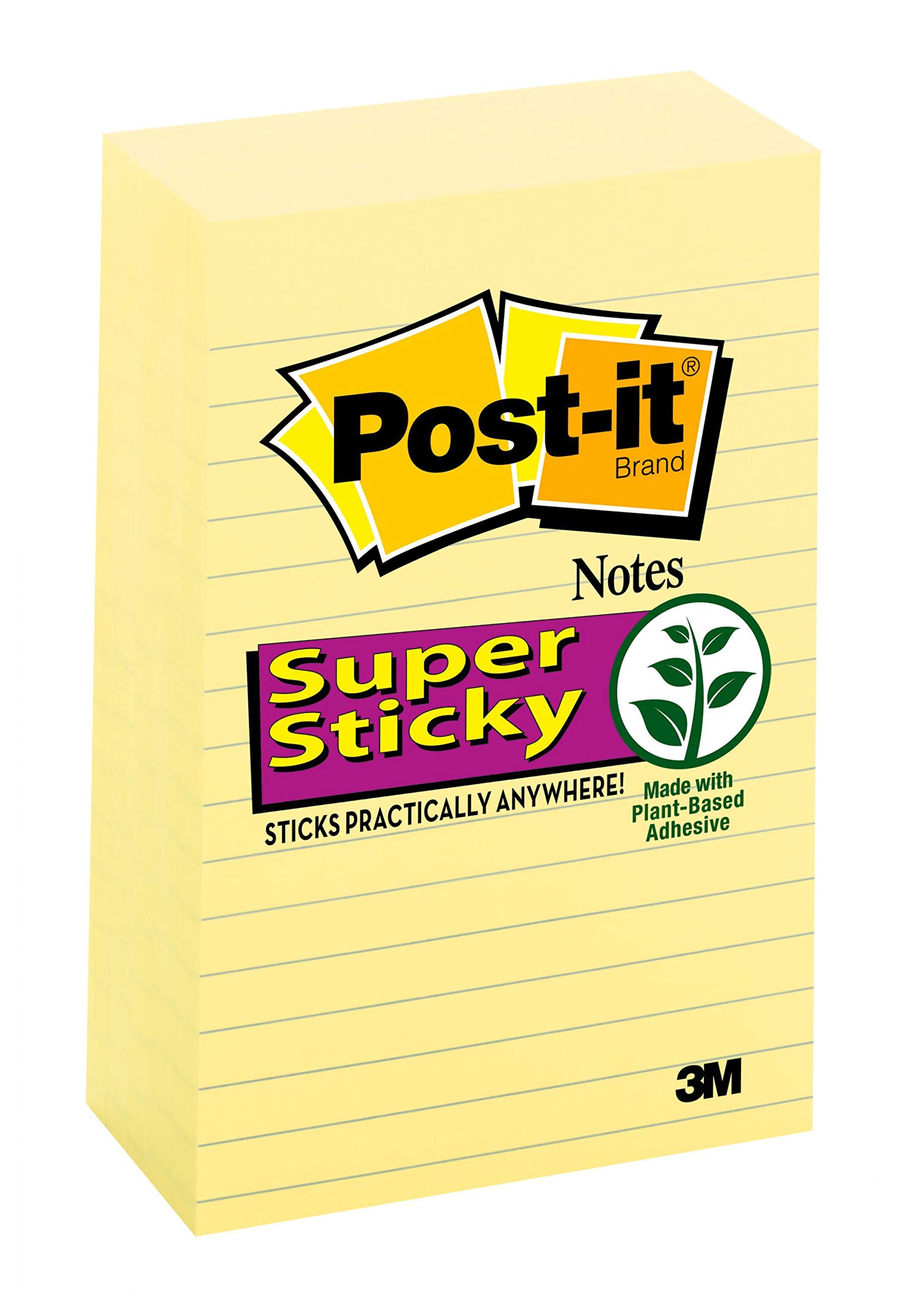 Post-it Super Sticky Notes, 4x6 in, 5 Pads, 2x the Sticking Power, Canary Yellow, Recyclable (660-5SSCY)