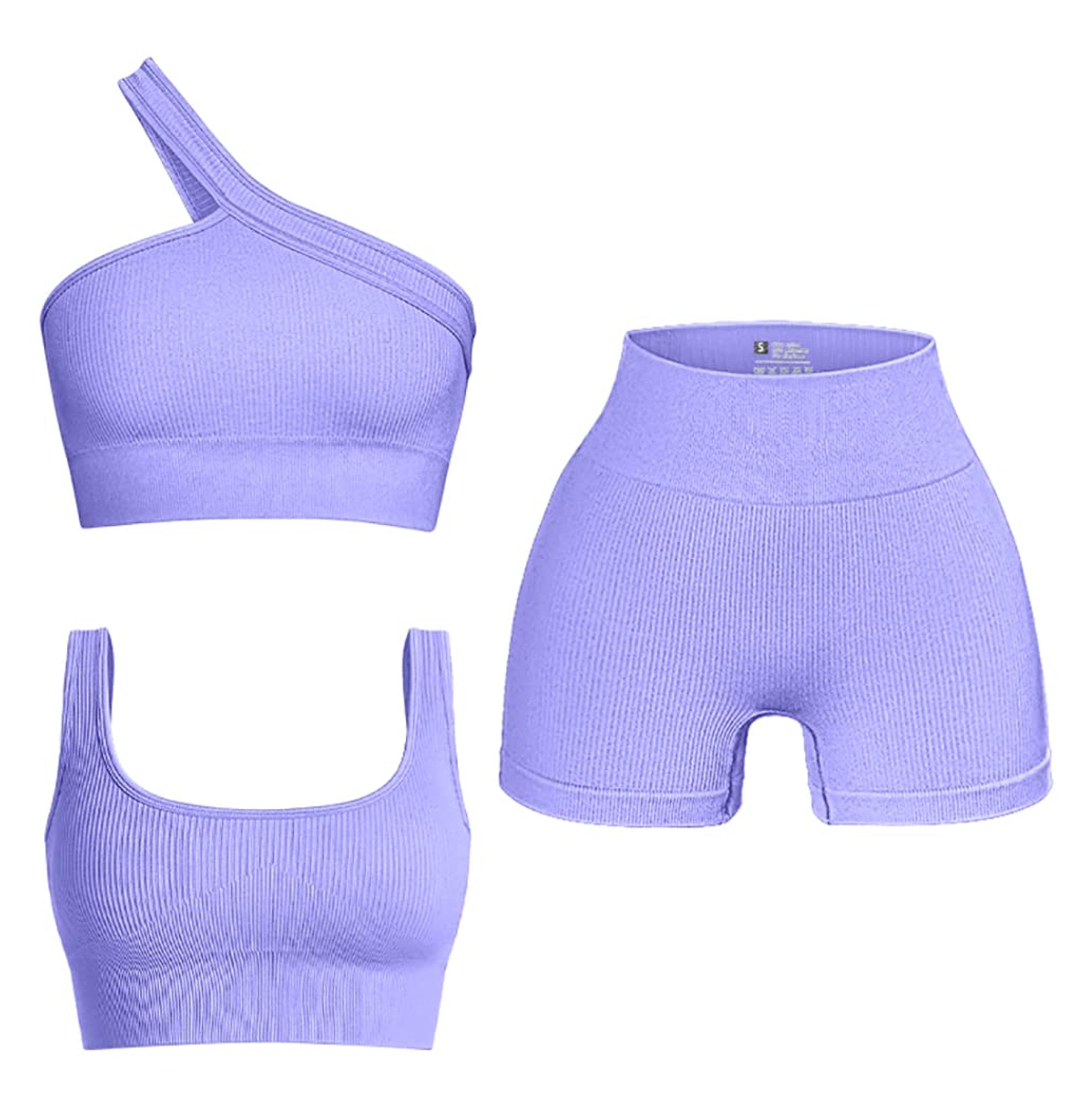 OQQ Women's 3 Piece Outfits Ribbed Seamless Exercise Scoop Neck Sports Bra One Shoulder Tops High Waist Shorts Active Set Purple