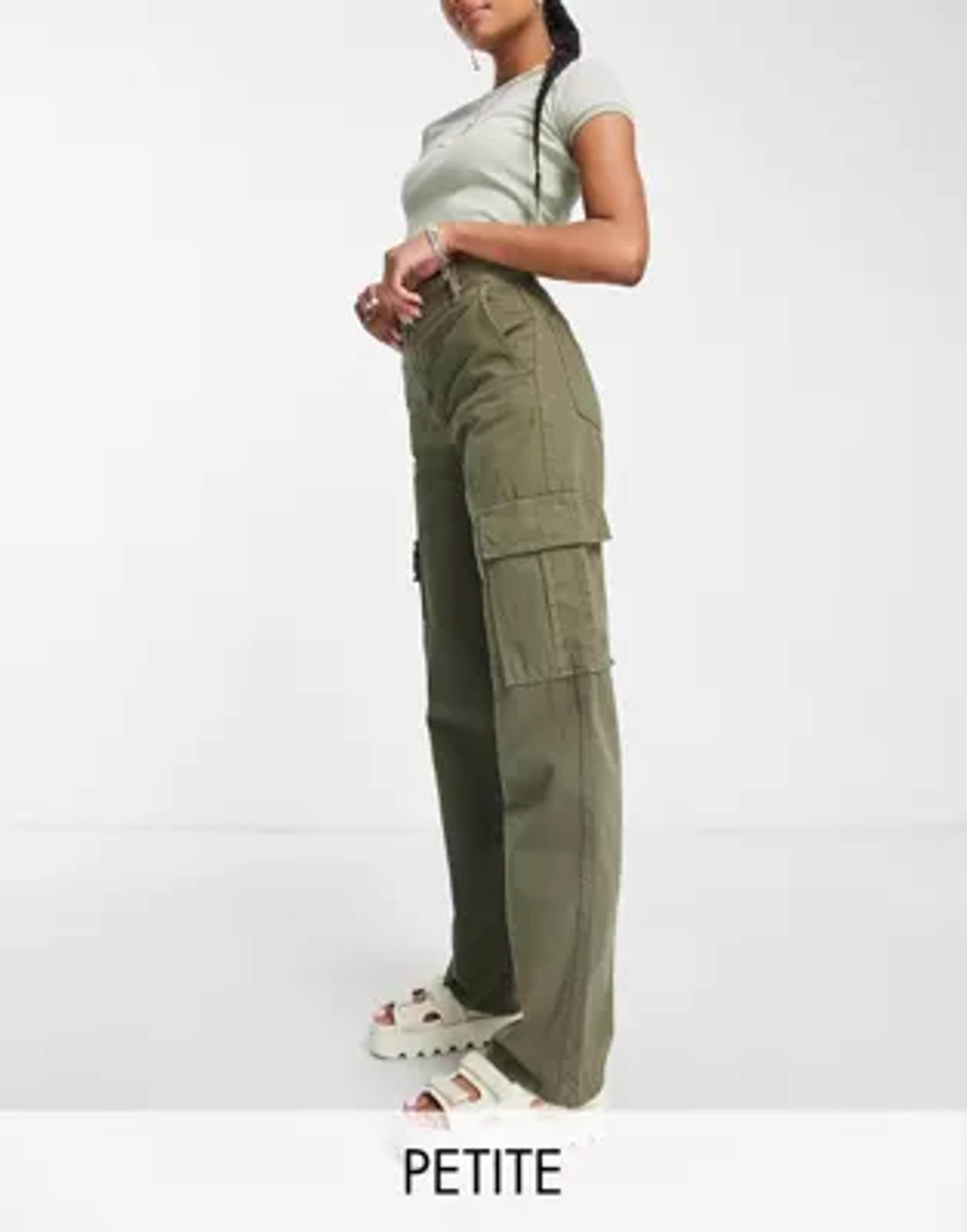 Stradivarius Petite straight leg cargo trouser in khaki | ASOS