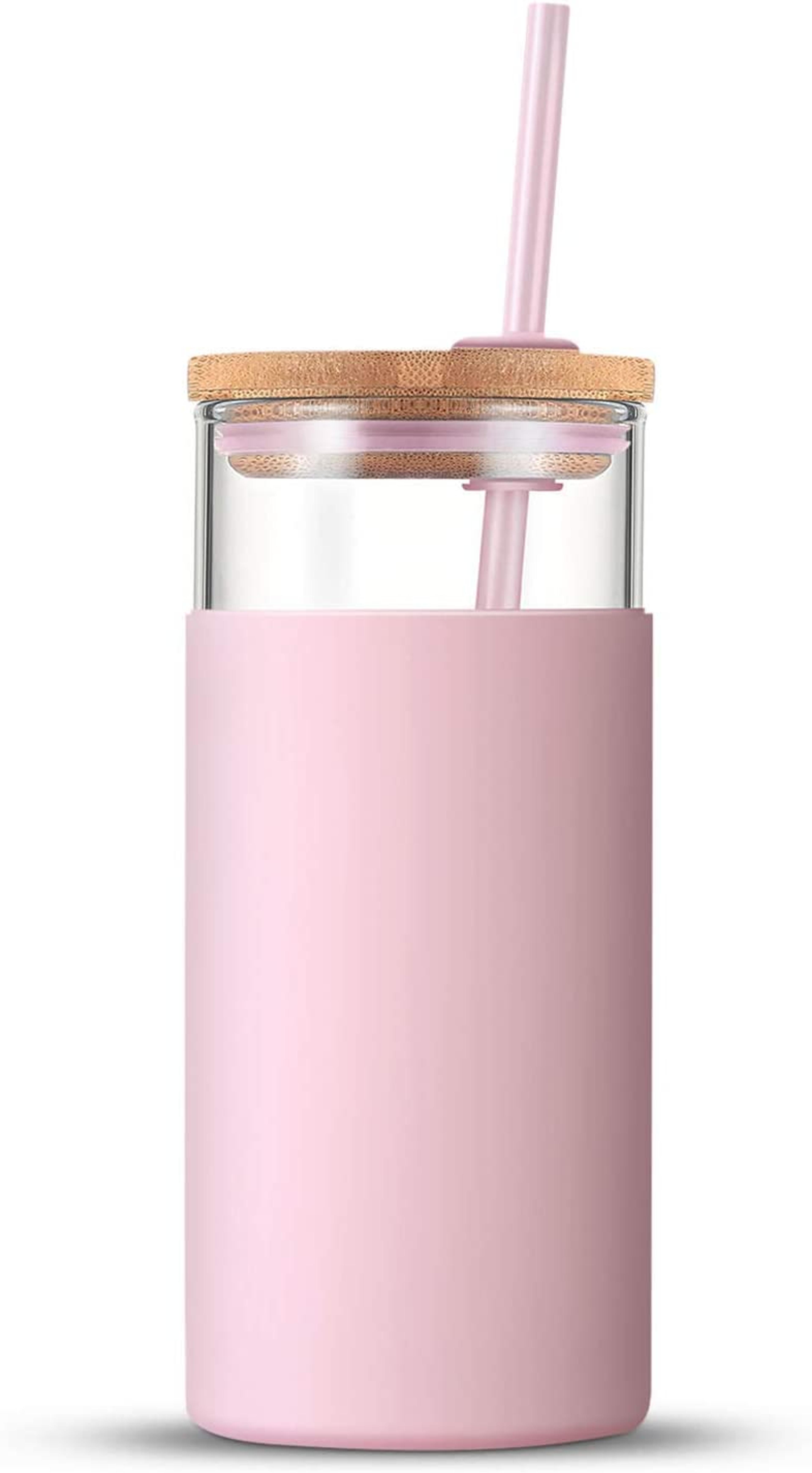 tronco 20oz Glass Tumbler Glass Water Bottle Straw Silicone Protective Sleeve Bamboo Lid - BPA Free (Pink)