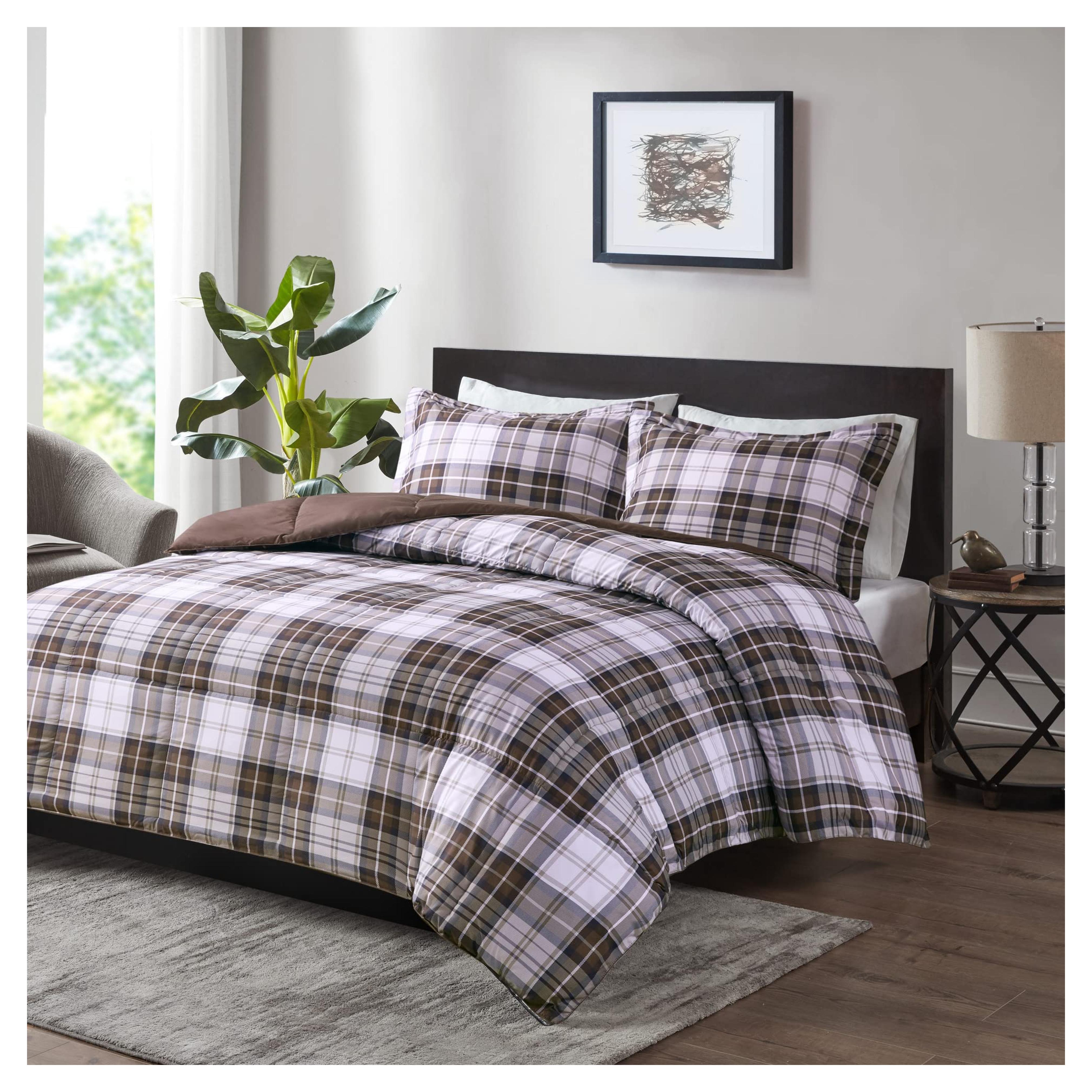 Madison Park Essentials Parkston Plaid Comforter, Matching Sham, 3M Scotchguard Stain Release Cover, Hypoallergenic All Season Bedding-Set, Full/Queen, Brown, 3 Piece