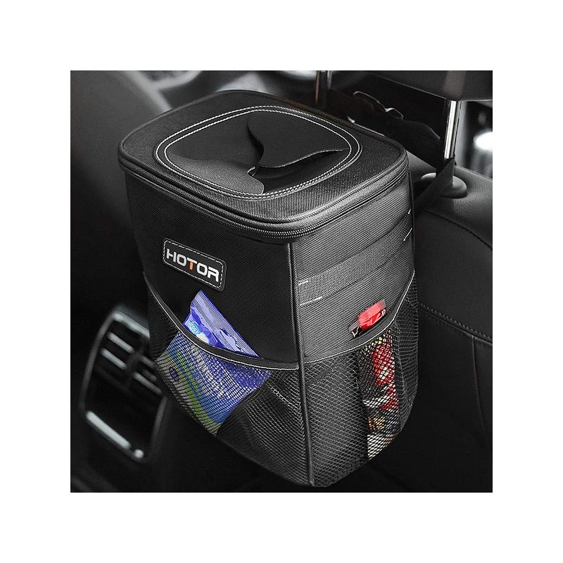 HOTOR Car Trash Can with Lid and Storage Pockets, 100% Leak-Proof