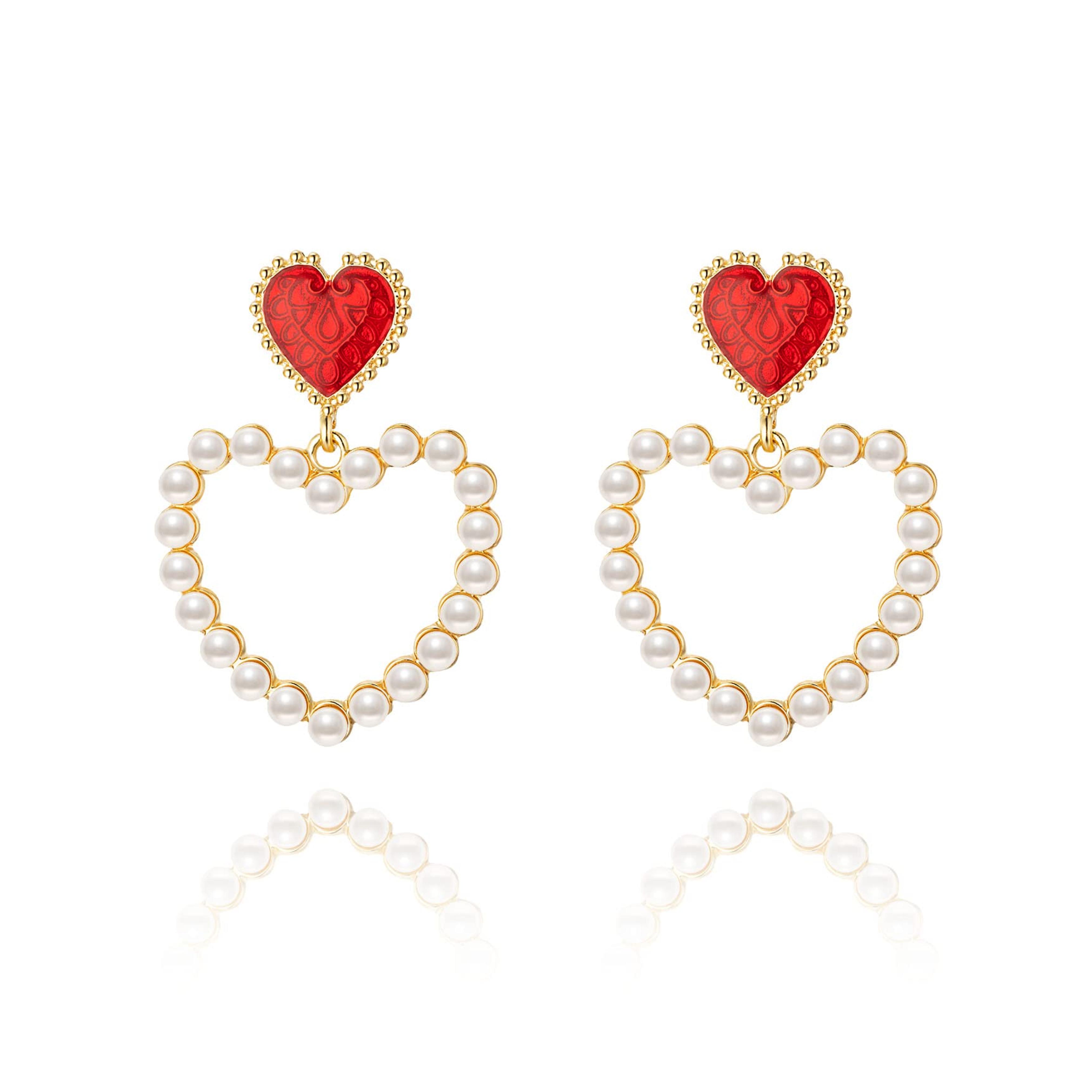 Pearl vintage drip oil Heart Earrings for Women, Fashionable Statement Earrings for Women & Girls, Perfect Heart Jewelry as Valentines Day Outfit Ornament