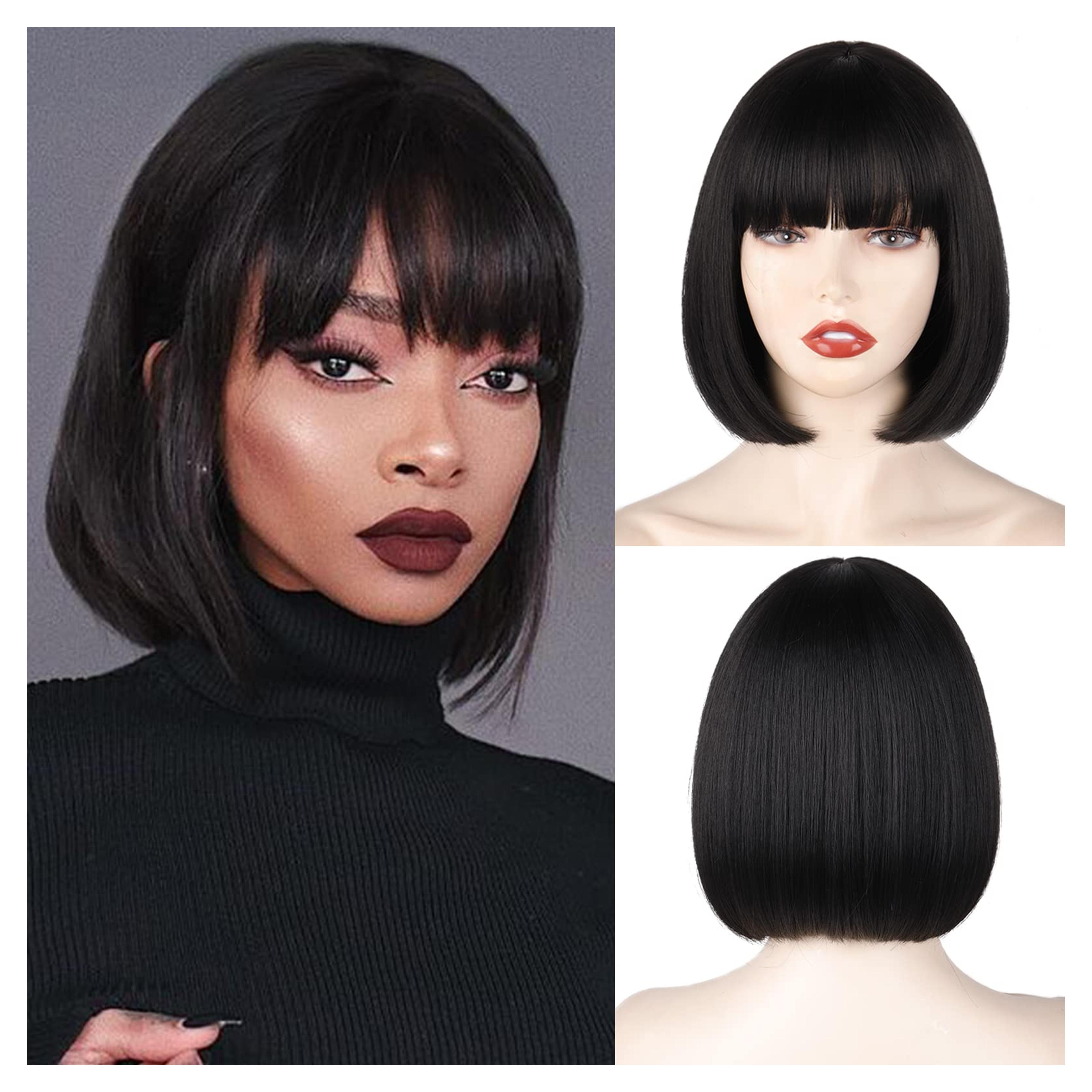 WERD Black Short Bob Wig,Straight Black Bob Wig with bangs, 10 inch Straight Bob Bangs Wig for Women Natural Looking for Daily Use