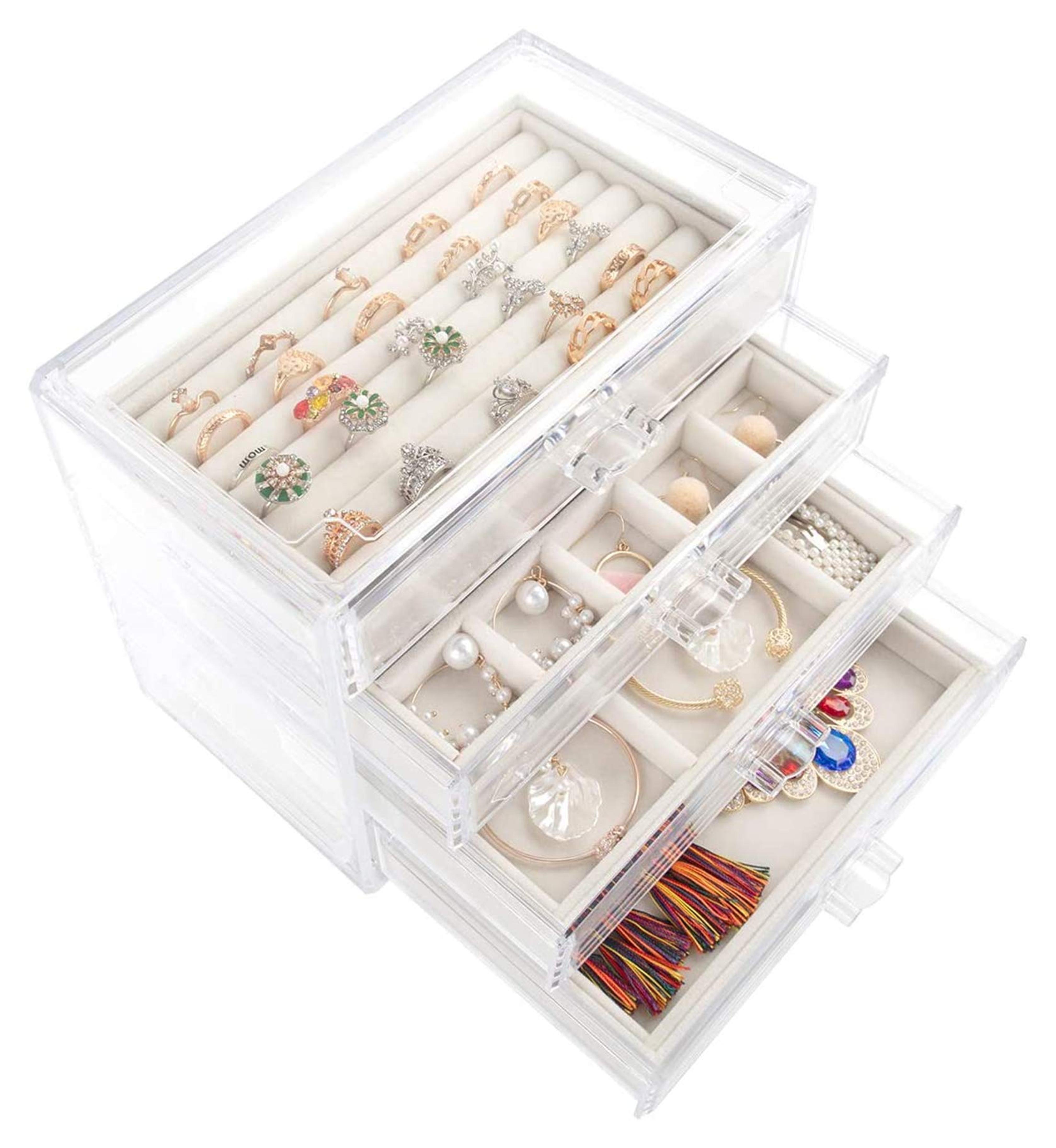 Mebbay Acrylic Jewelry Box with 4 Drawers, Velvet Jewelry Organizer for Earring Necklace Ring & Bracelet, Clear Jewelry Display Storage Case for Woman, Creamy White